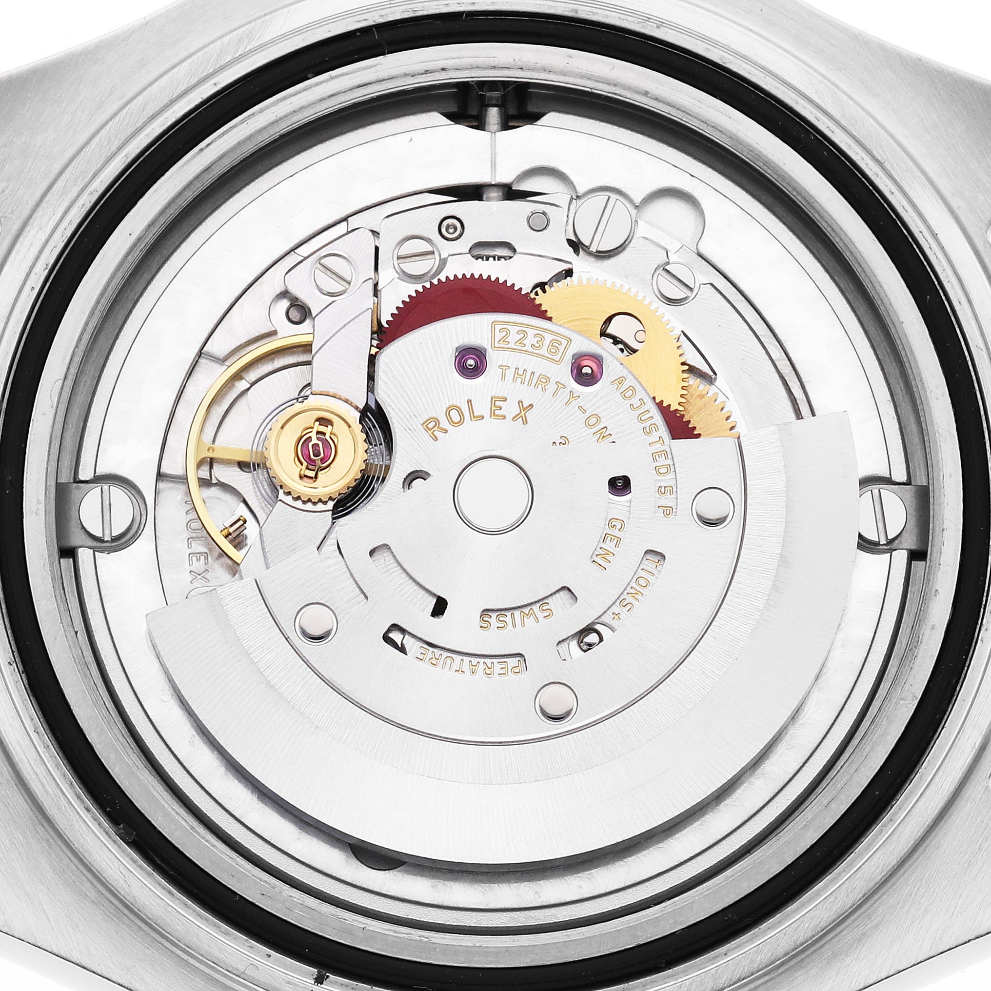 The image shows the internal movement of the Rolex Yacht-Master 268622 Men
s Stainless Steel Green Dial 268622 Men
s Stainless Steel Green Dial watch, highlighting gears and the rotor from a top-down angle.