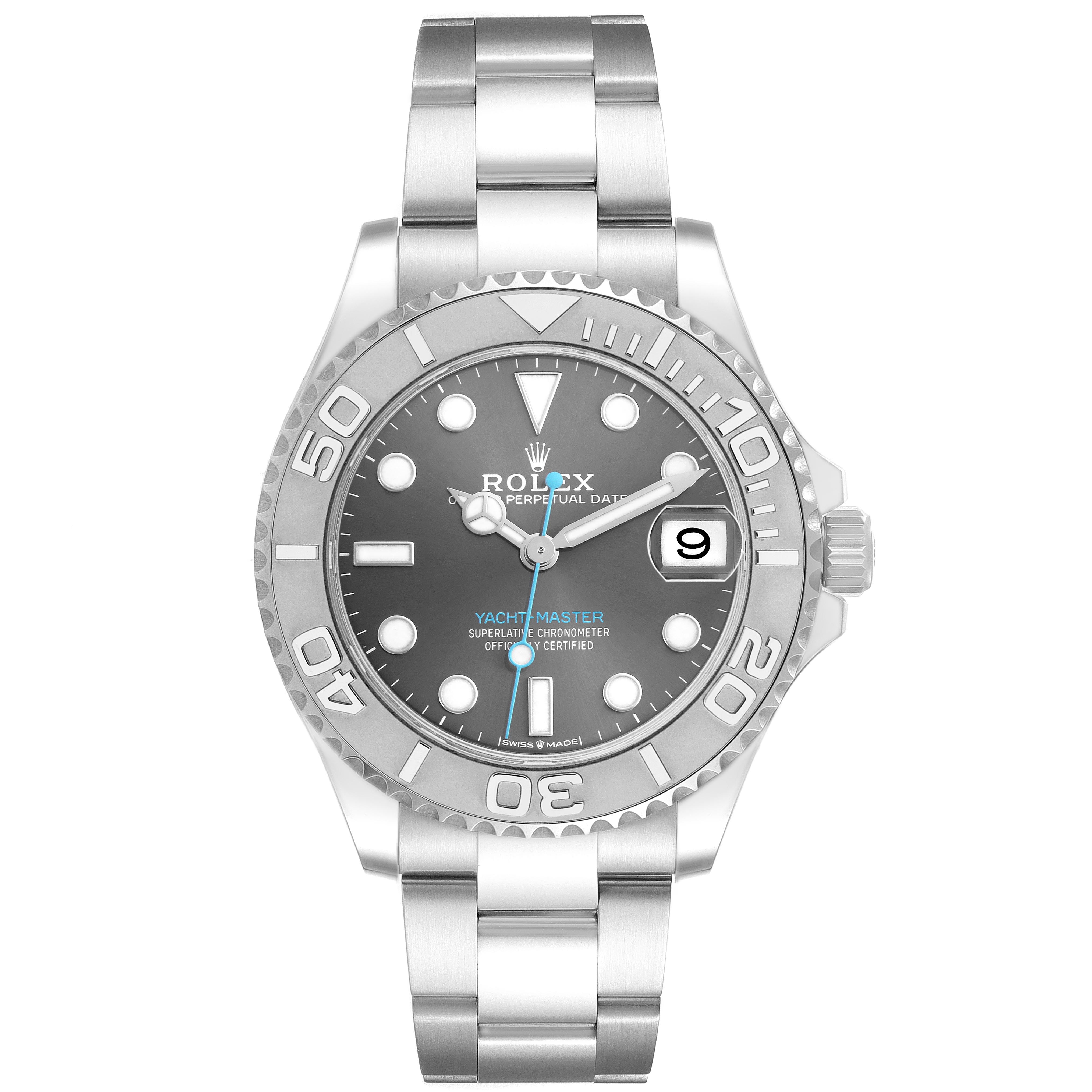 The image shows a front view of the Rolex Yacht-Master 268622 Men
s Stainless Steel Green Dial 268622 Men
s Stainless Steel Green Dial watch, displaying the dial, bezel, bracelet, and crown.