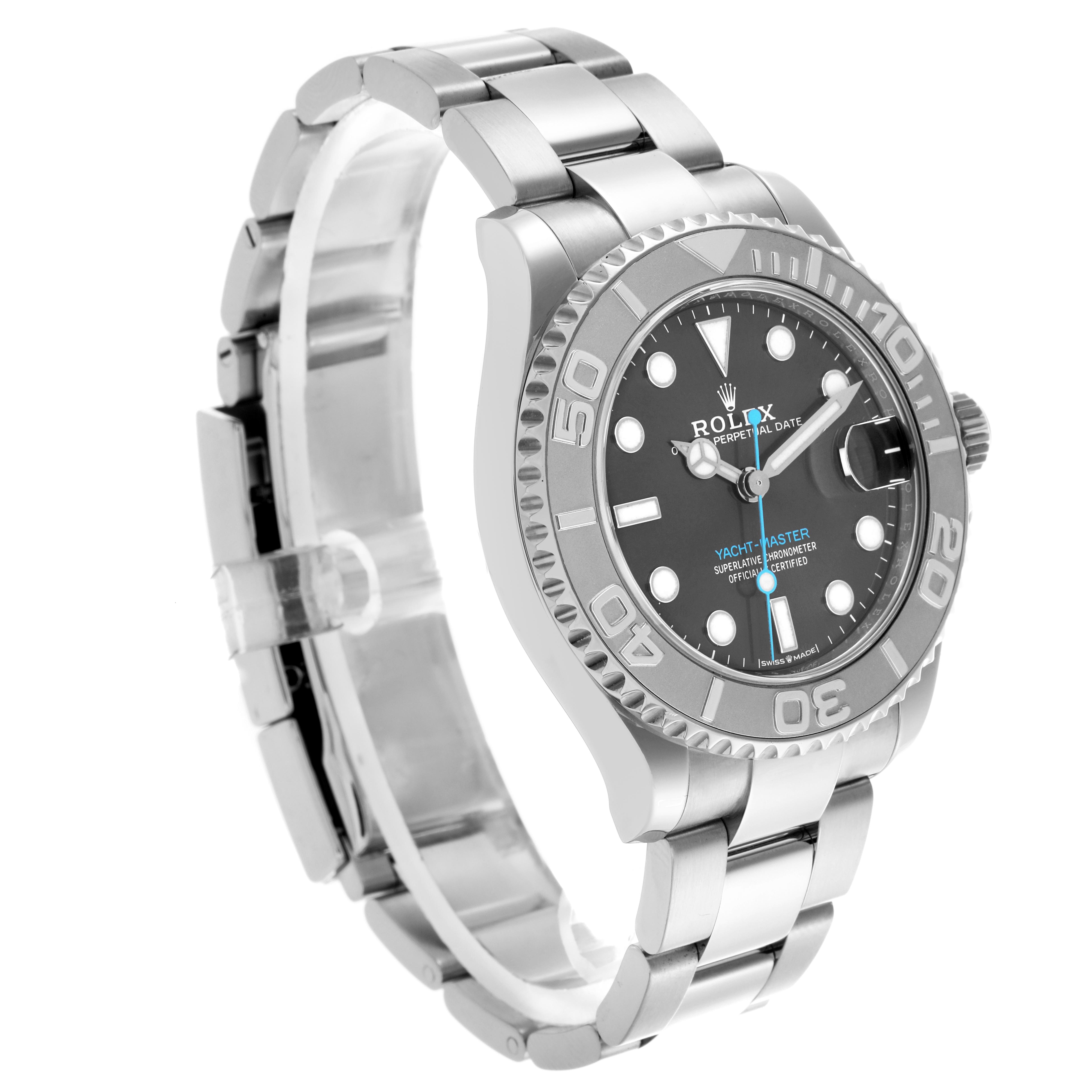 The Rolex Yacht-Master 268622 Men
s Stainless Steel Green Dial 268622 Men
s Stainless Steel Green Dial watch is shown at an angle displaying the bezel, dial, and bracelet.