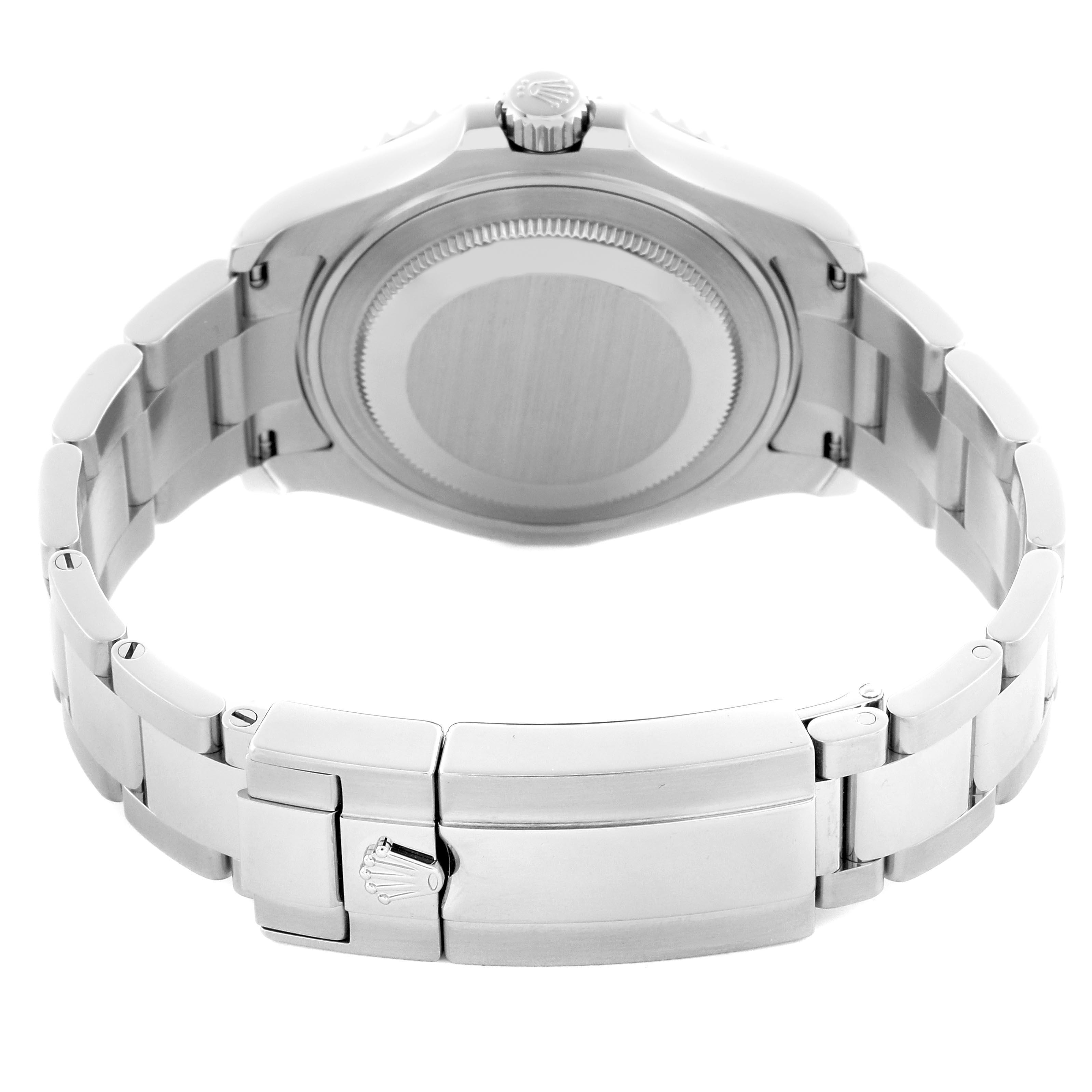 The Rolex Yacht-Master 268622 Men
s Stainless Steel Green Dial 268622 Men
s Stainless Steel Green Dial is shown from the back, highlighting the case back, clasp, and bracelet.