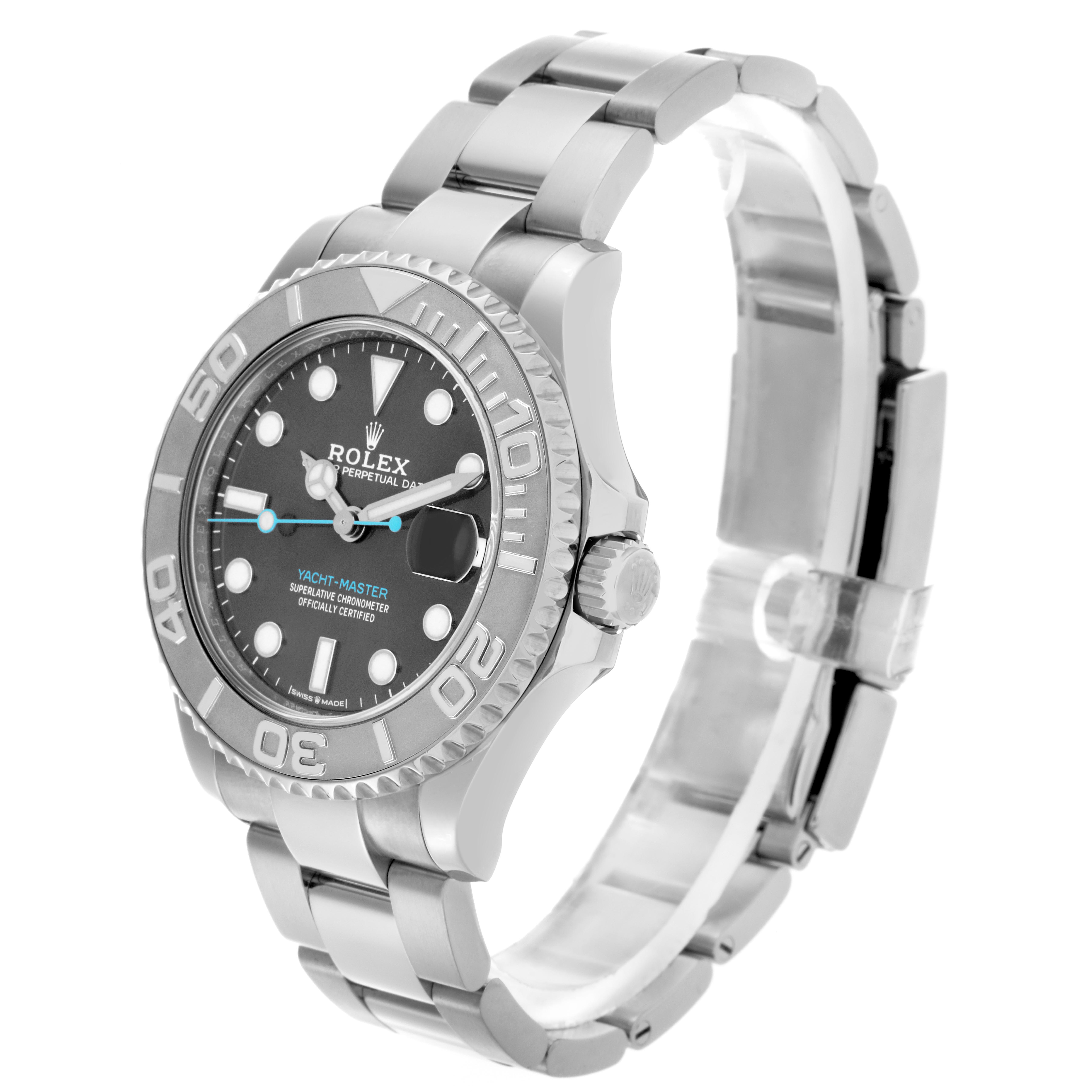 This Rolex Yacht-Master 268622 Men
s Stainless Steel Green Dial 268622 Men
s Stainless Steel Green Dial watch is shown at a three-quarter angle, displaying the dial, bezel, crown, and part of the bracelet.