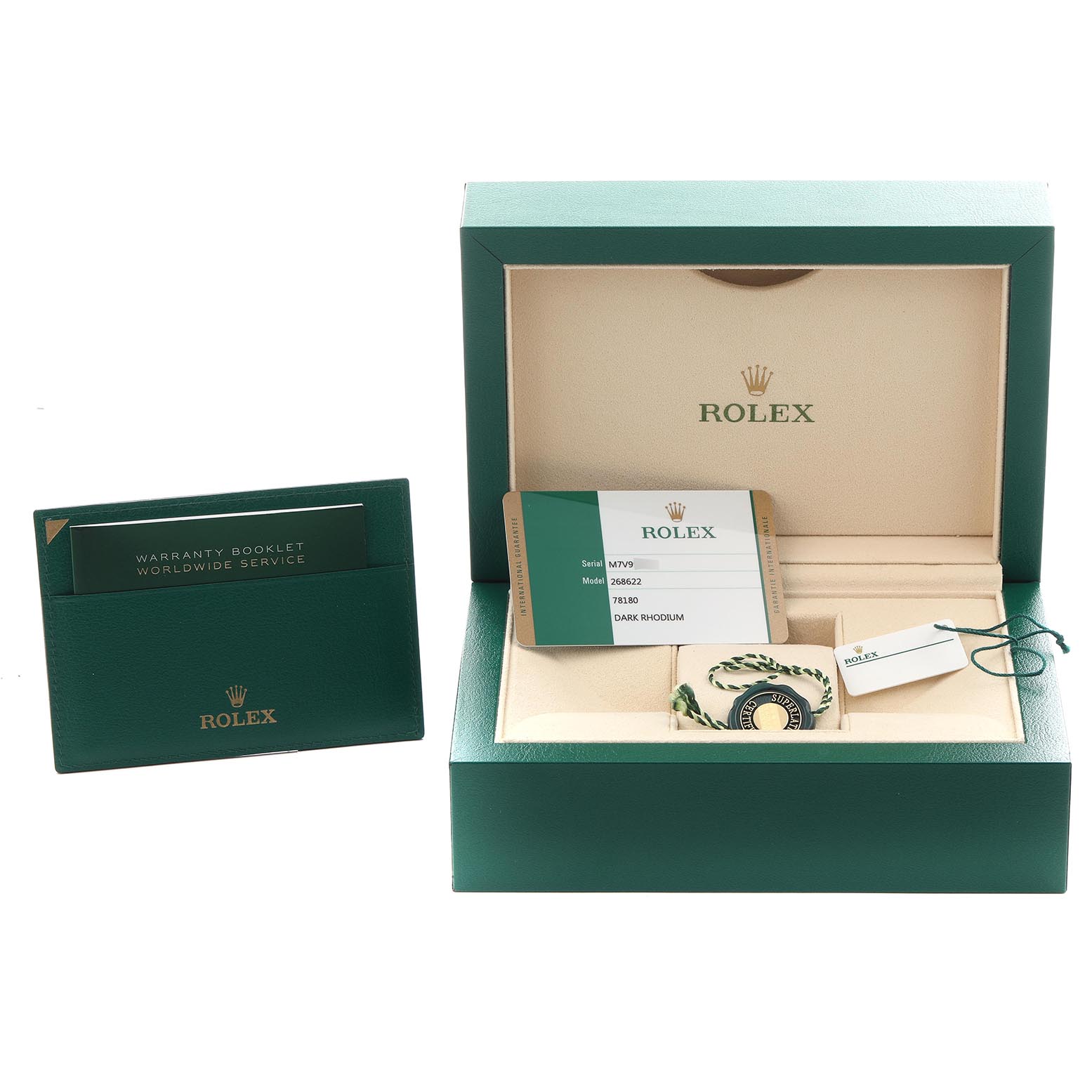 The image shows a Rolex Yacht-Master 268622 Men
s Stainless Steel Green Dial 268622 Men
s Stainless Steel Green Dial watch box, warranty card, booklet, and tags from a frontal angle.