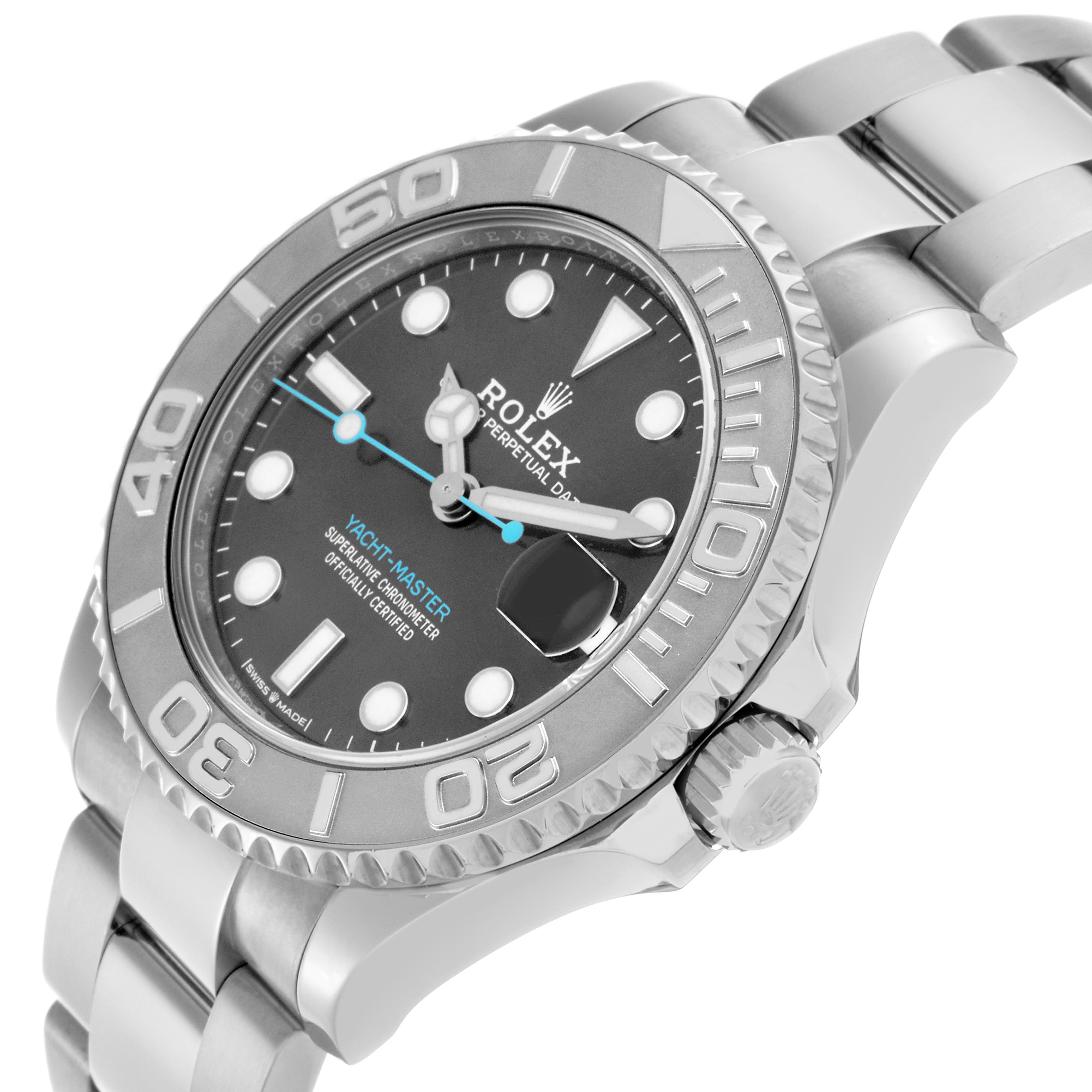 The Rolex Yacht-Master 268622 Men
s Stainless Steel Green Dial 268622 Men
s Stainless Steel Green Dial watch is shown at a three-quarter angle, displaying the face, bezel, crown, and part of the bracelet.