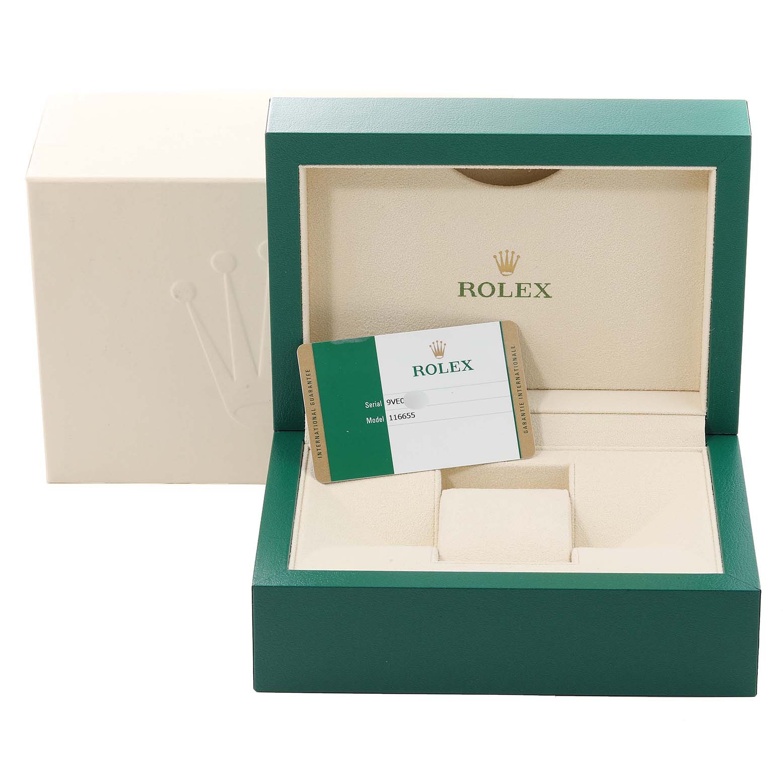 The image shows an open Rolex Yacht-Master 116655 Men's Rose Gold Black Dial 116655 Men's Rose Gold Black Dial watch box with its certificate card displayed inside.
