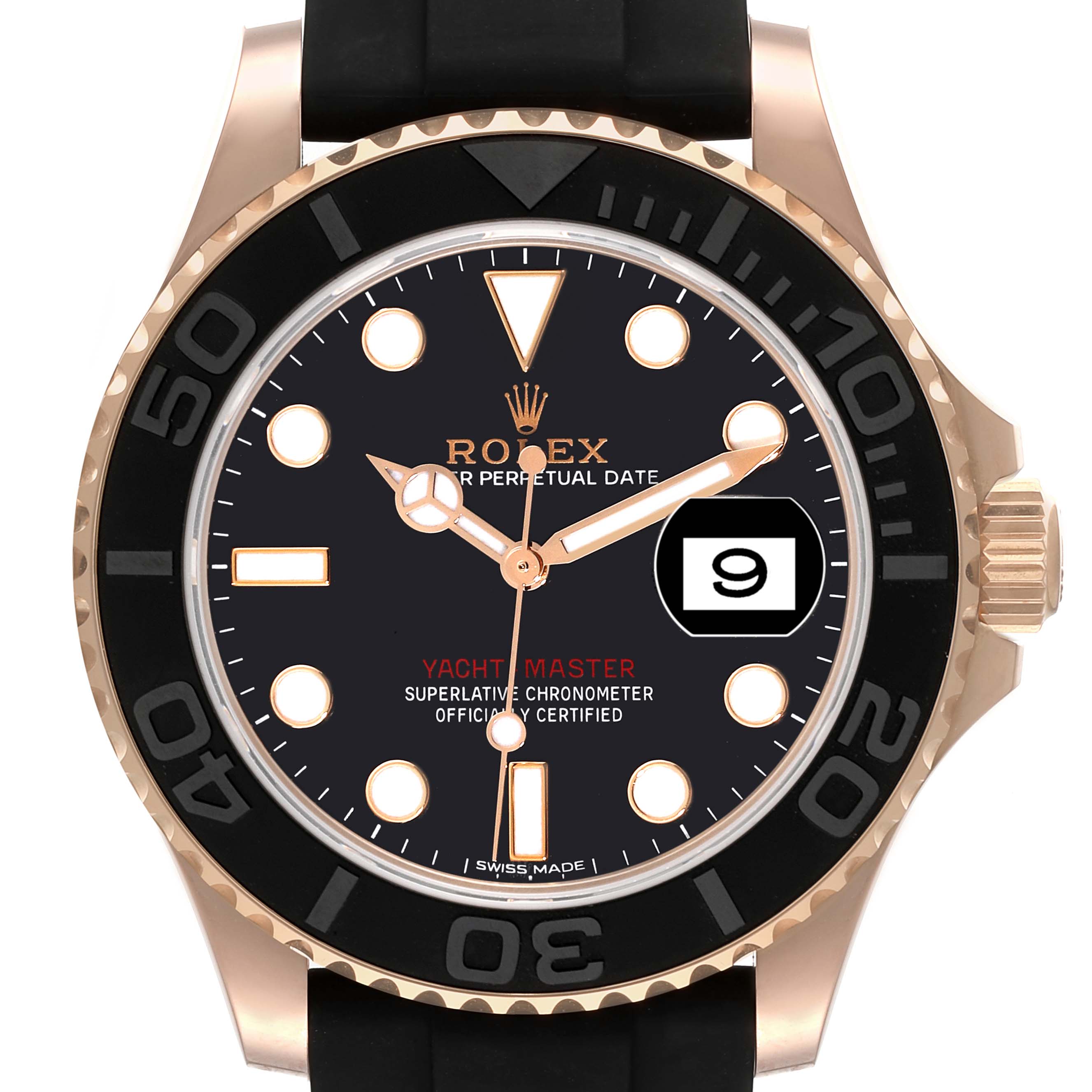 This image displays the dial, bezel, and part of the band of a Rolex Yacht-Master 116655 Men's Rose Gold Black Dial 116655 Men's Rose Gold Black Dial watch, captured from a front-facing angle.