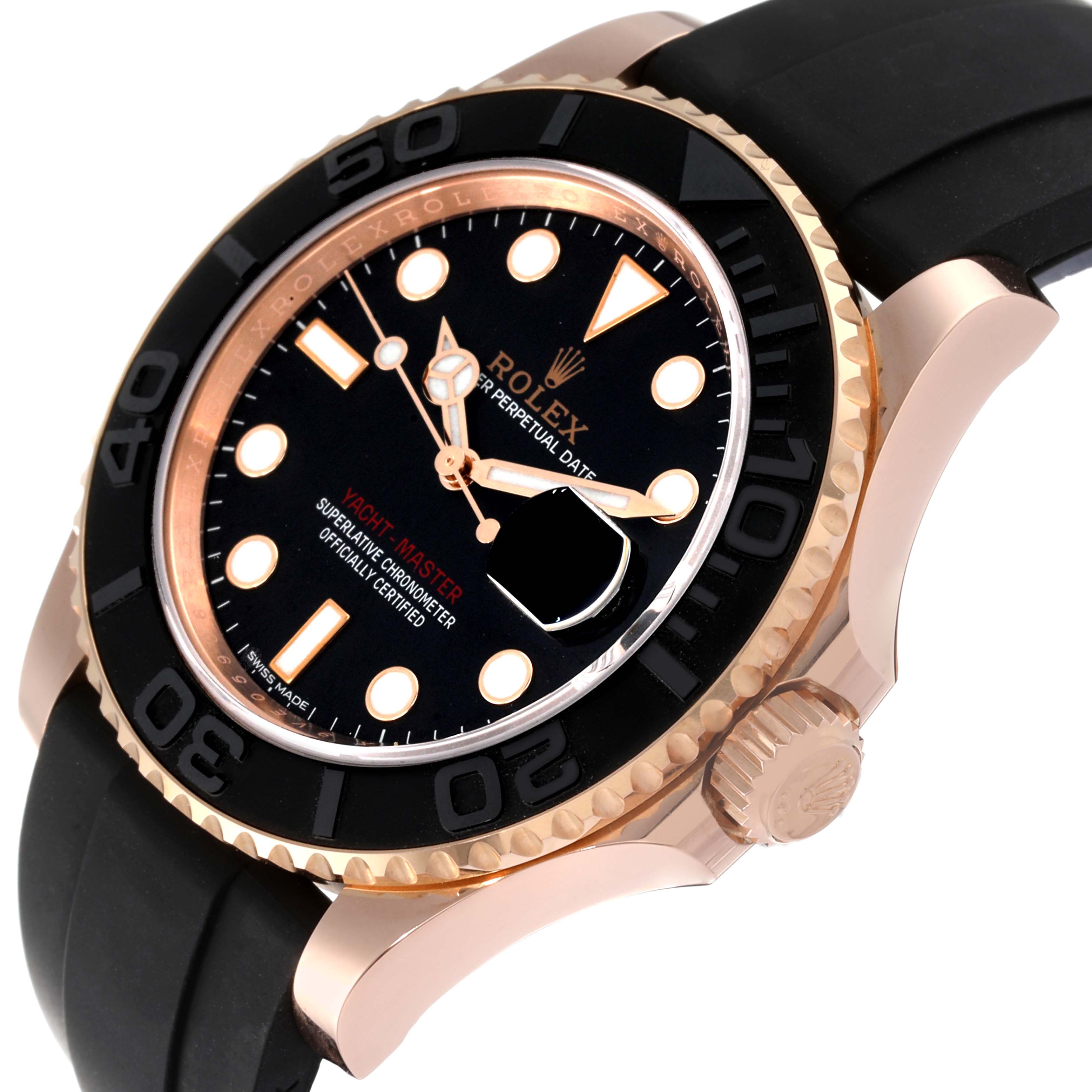 The image shows a side angle of the Rolex Yacht-Master 116655 Men's Rose Gold Black Dial 116655 Men's Rose Gold Black Dial watch, highlighting the bezel, dial, and part of the rubber strap.