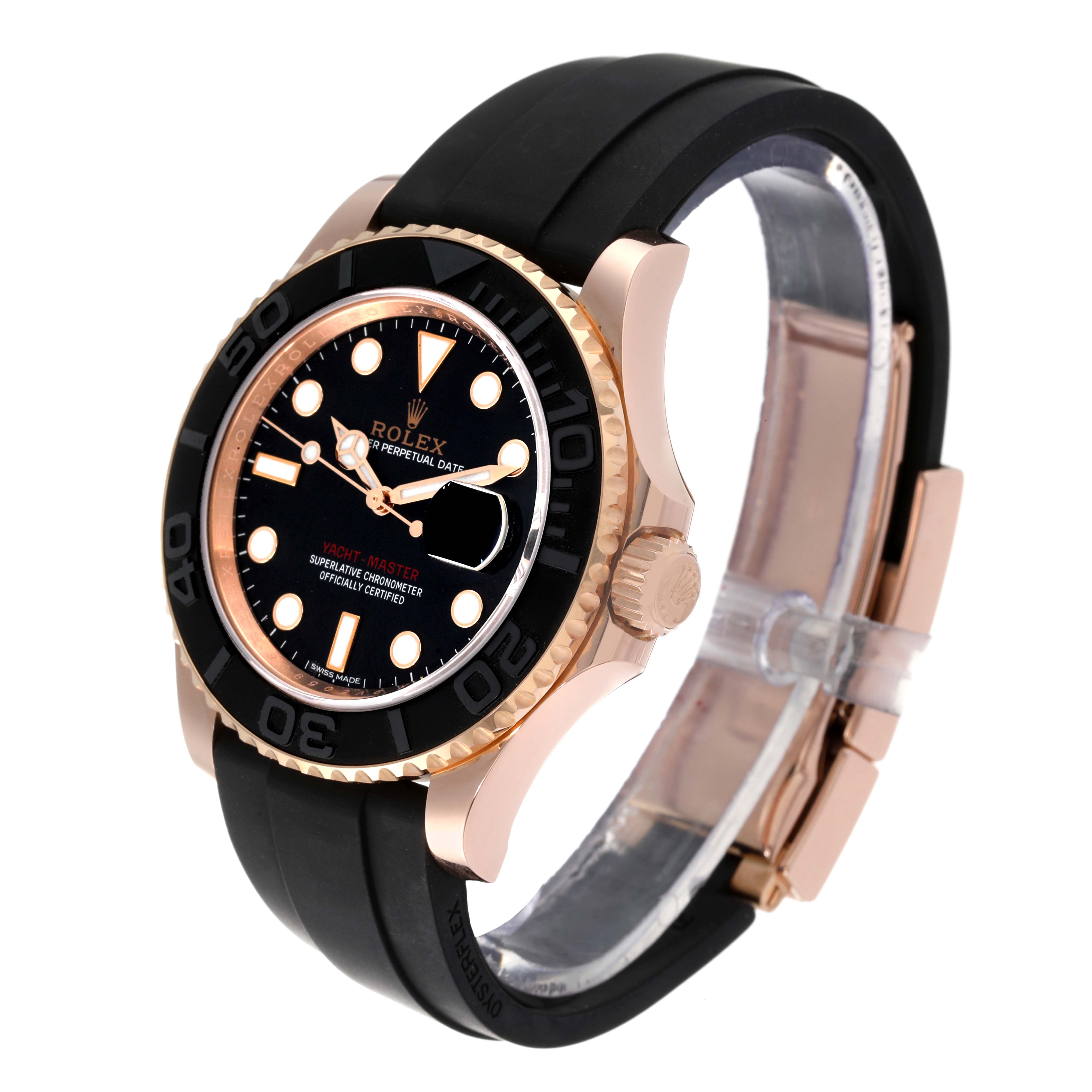 This image shows a side angle view of a Rolex Yacht-Master 116655 Men's Rose Gold Black Dial 116655 Men's Rose Gold Black Dial watch, highlighting the bezel, dial, crown, and rubber strap.