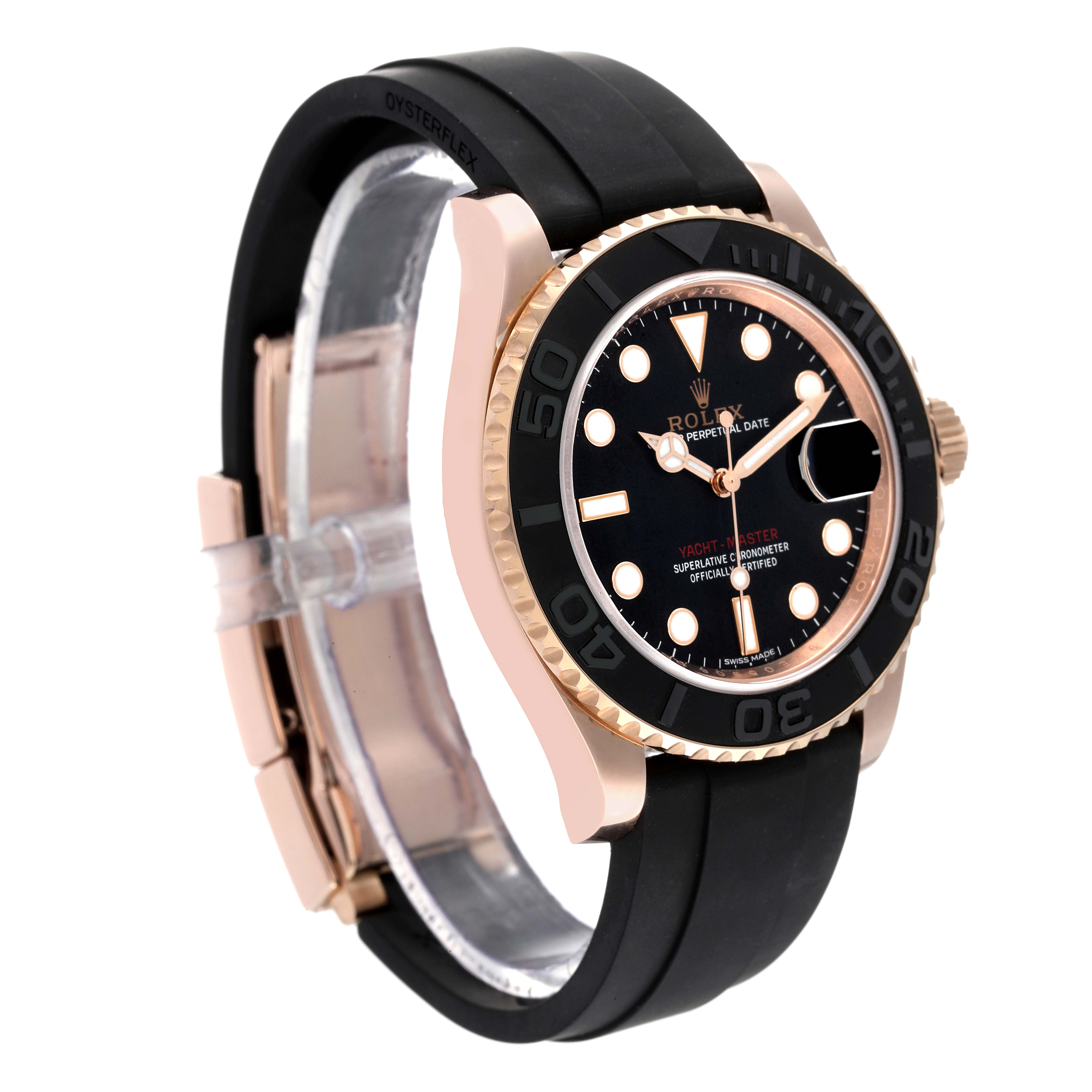 This Rolex Yacht-Master 116655 Men's Rose Gold Black Dial 116655 Men's Rose Gold Black Dial watch is shown at a three-quarter angle, displaying the face, bezel, and black rubber strap.