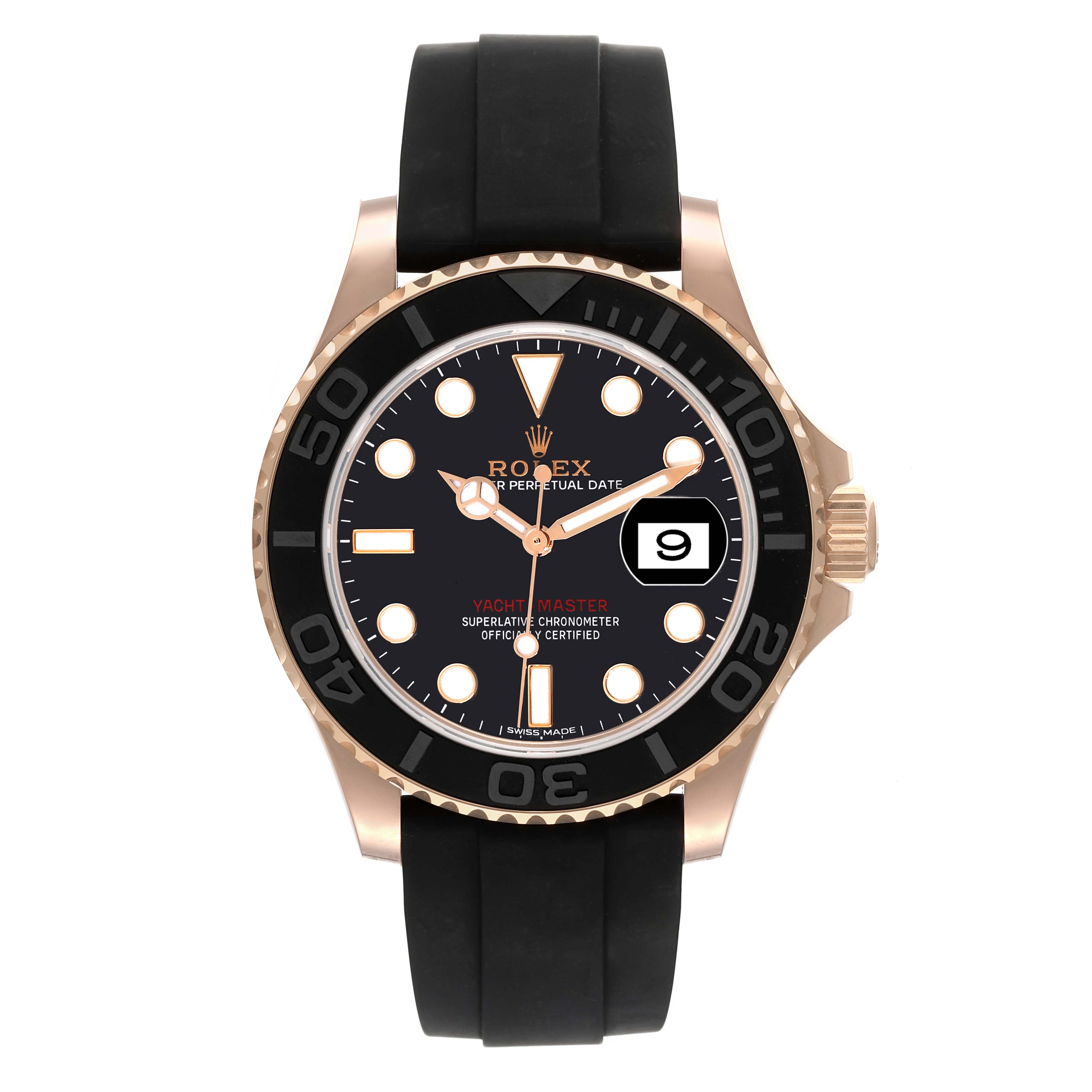 This image shows a front view of the Rolex Yacht-Master 116655 Men's Rose Gold Black Dial 116655 Men's Rose Gold Black Dial watch featuring the dial, bezel, and strap.