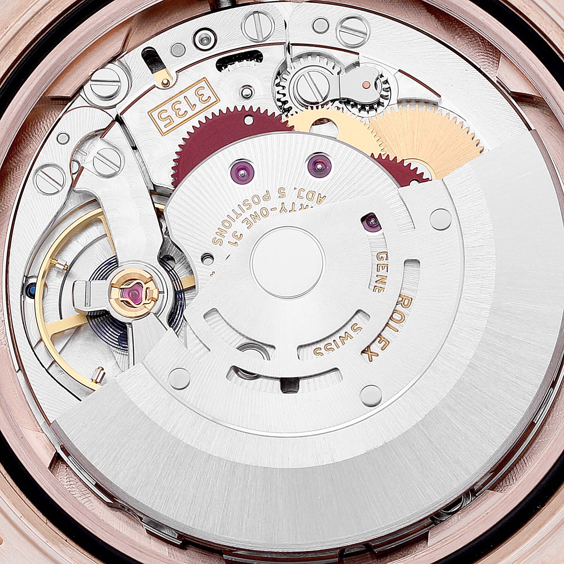 This image shows a detailed view of the internal mechanism of the Rolex Yacht-Master 116655 Men's Rose Gold Black Dial 116655 Men's Rose Gold Black Dial watch.