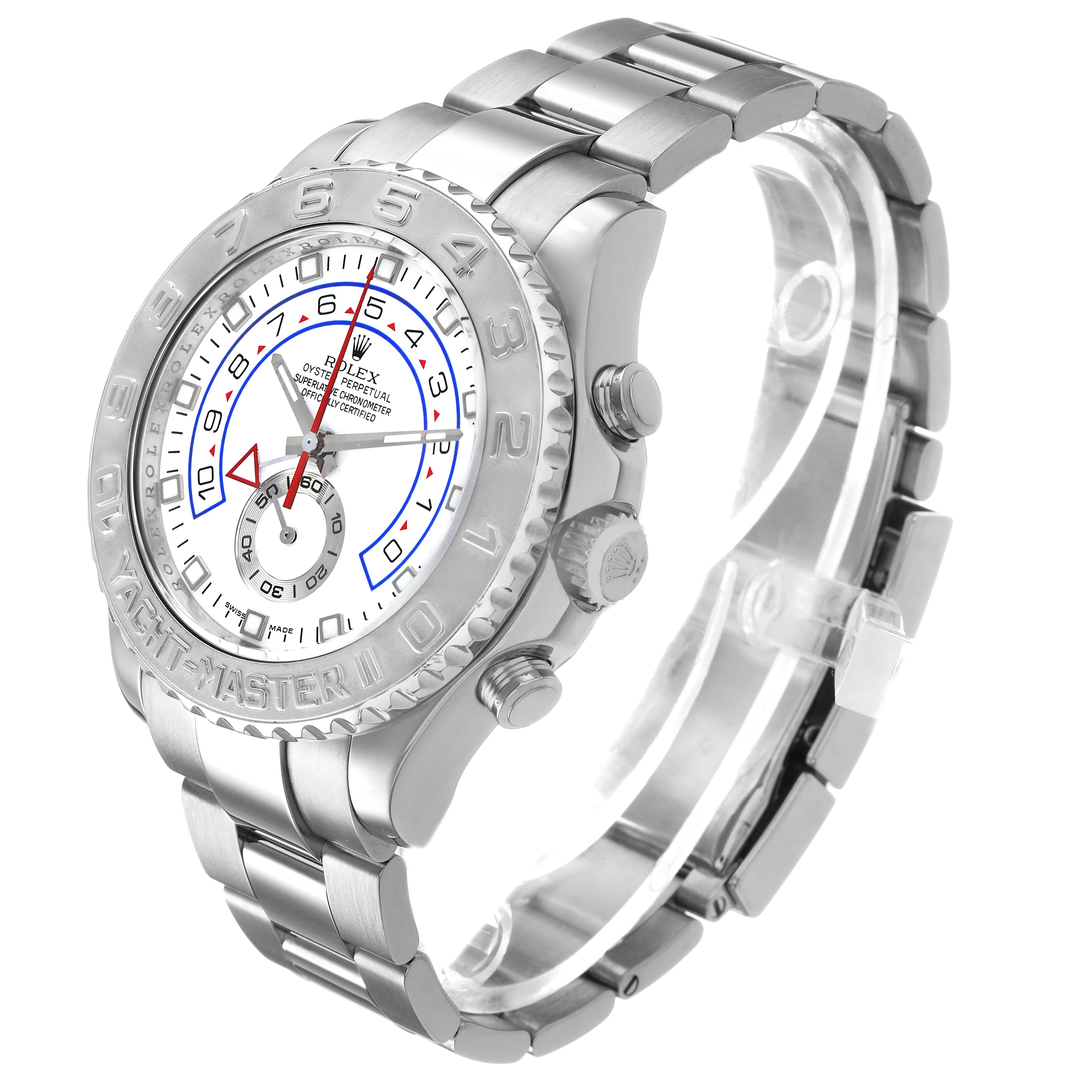 The Rolex Yacht-Master 116689 Men's White Gold White Dial watch is shown at an angle highlighting the face, bezel, crown, and bracelet.