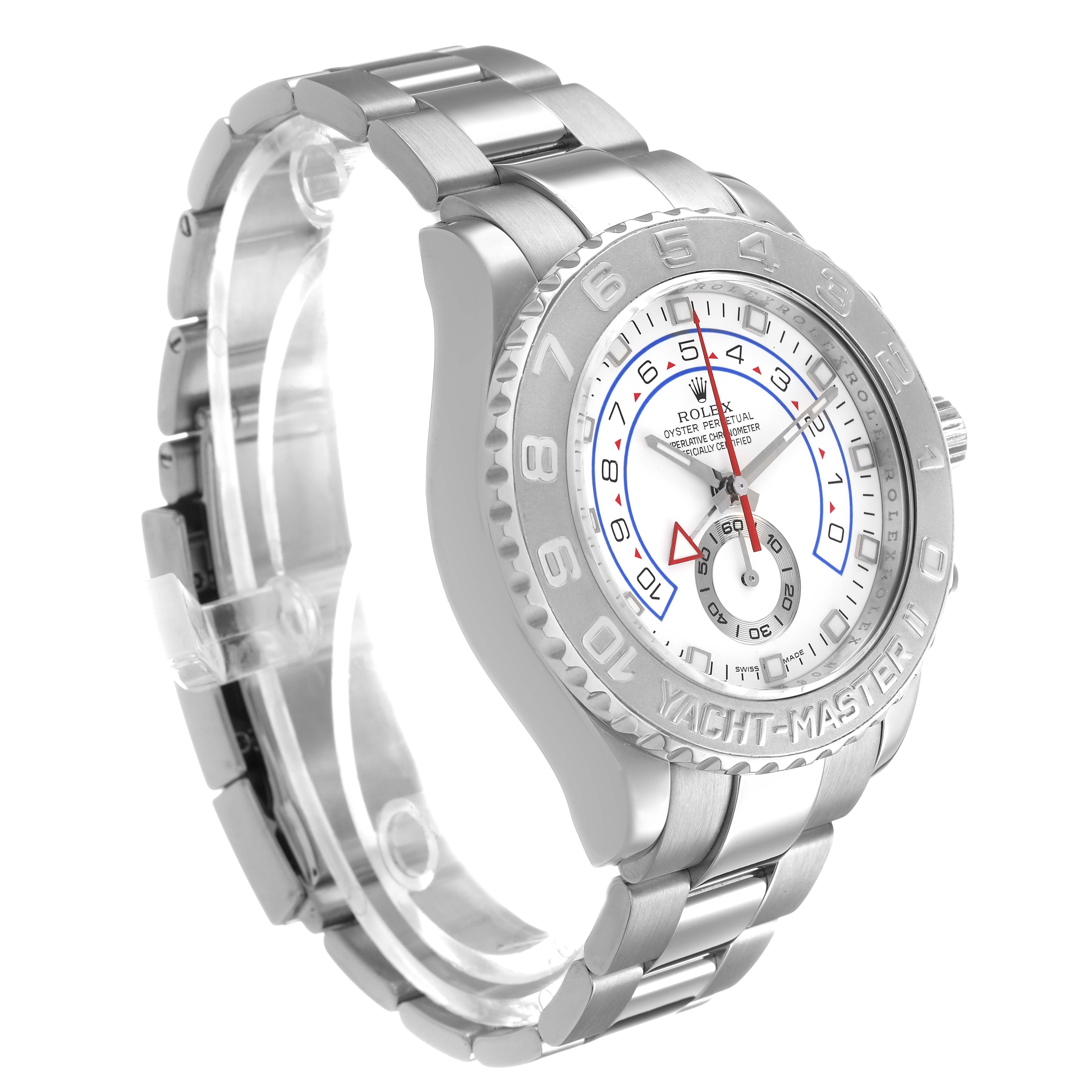 The Rolex Yacht-Master 116689 Men's White Gold White Dial is shown at a three-quarter angle, displaying its face, bezel, and bracelet.