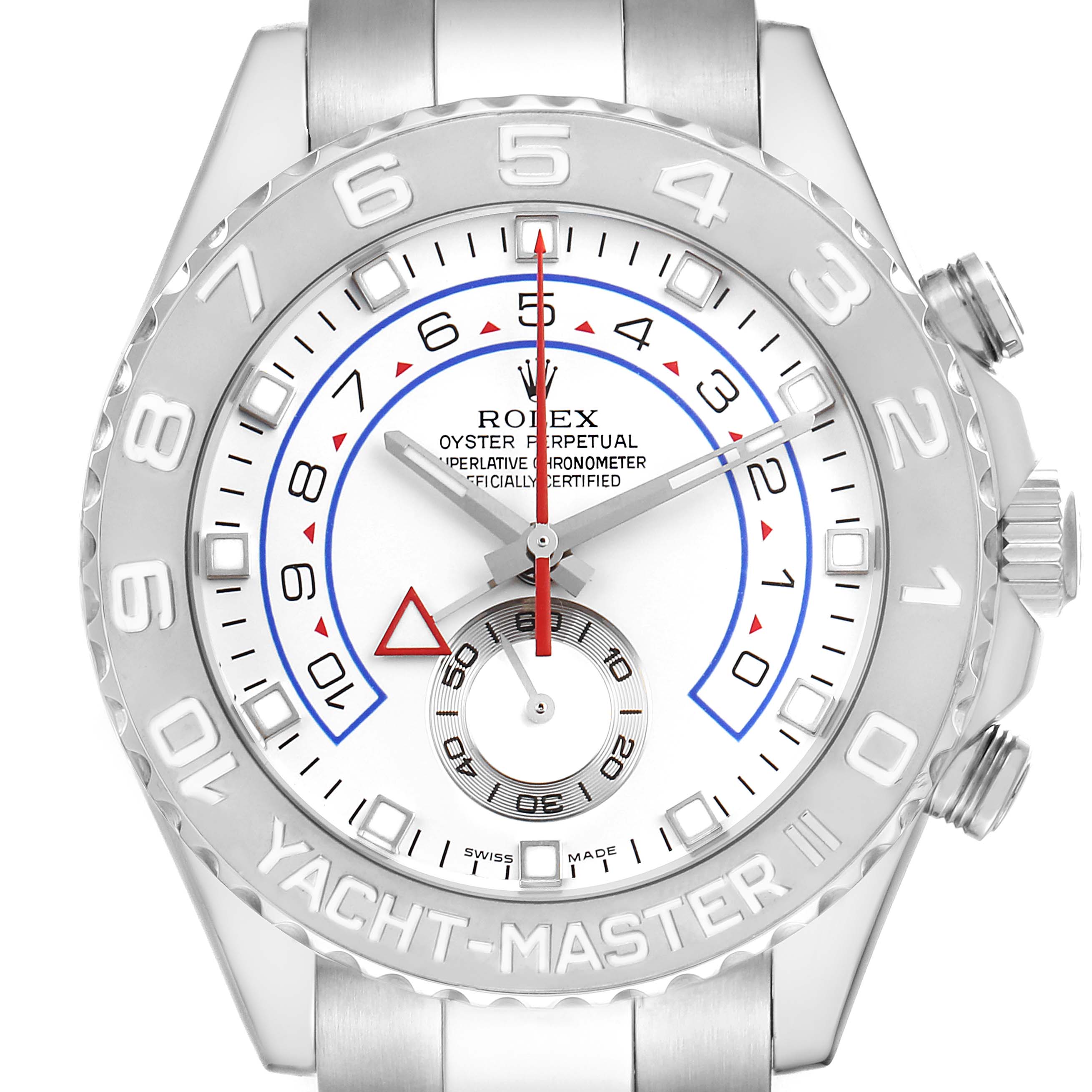 The Rolex Yacht-Master 116689 Men's White Gold White Dial watch is shown from a frontal angle, highlighting the bezel, dial, and crown.