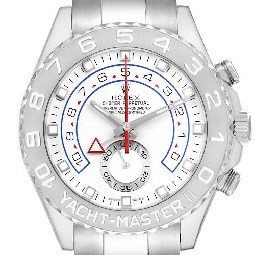 The image shows a frontal view of the Rolex Yacht-Master 116689 Men's White Gold White Dial watch, highlighting the bezel, dial, and hands.