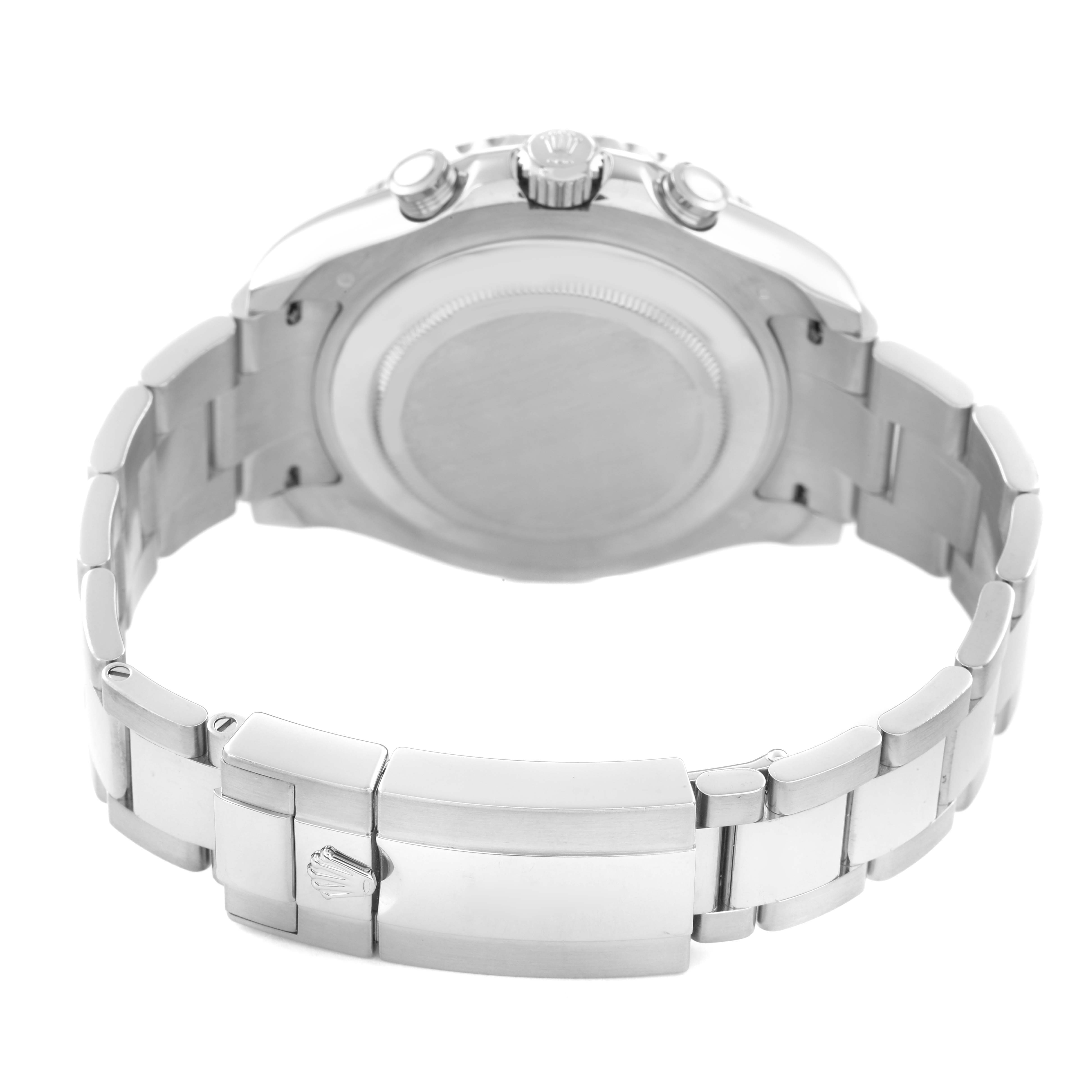 The image shows the back and clasp of a Rolex Yacht-Master 116689 Men's White Gold White Dial watch, focusing on the bracelet and case back.