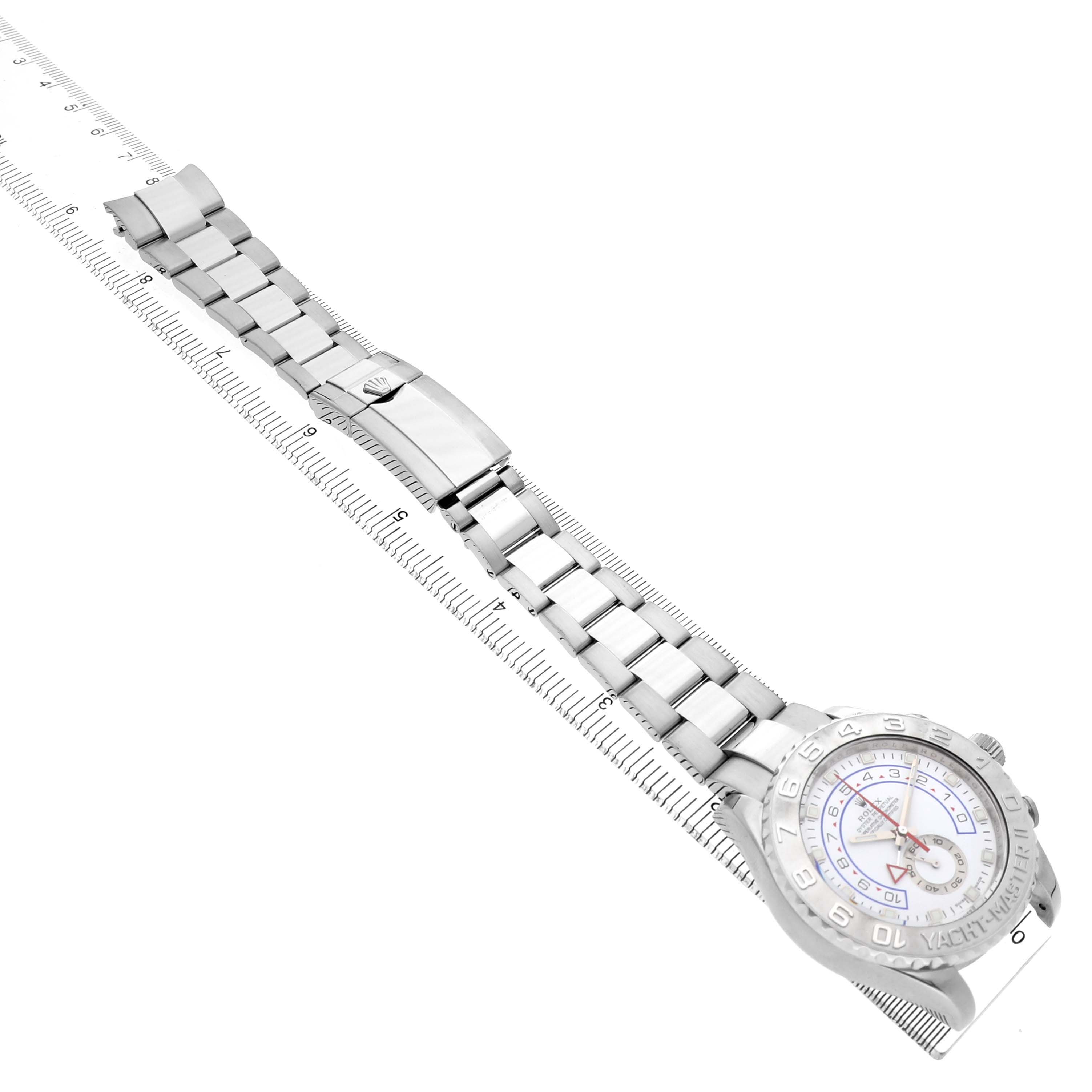 The Rolex Yacht-Master 116689 Men's White Gold White Dial watch is shown from an angled top view displaying the face, bezel, bracelet, and clasp.