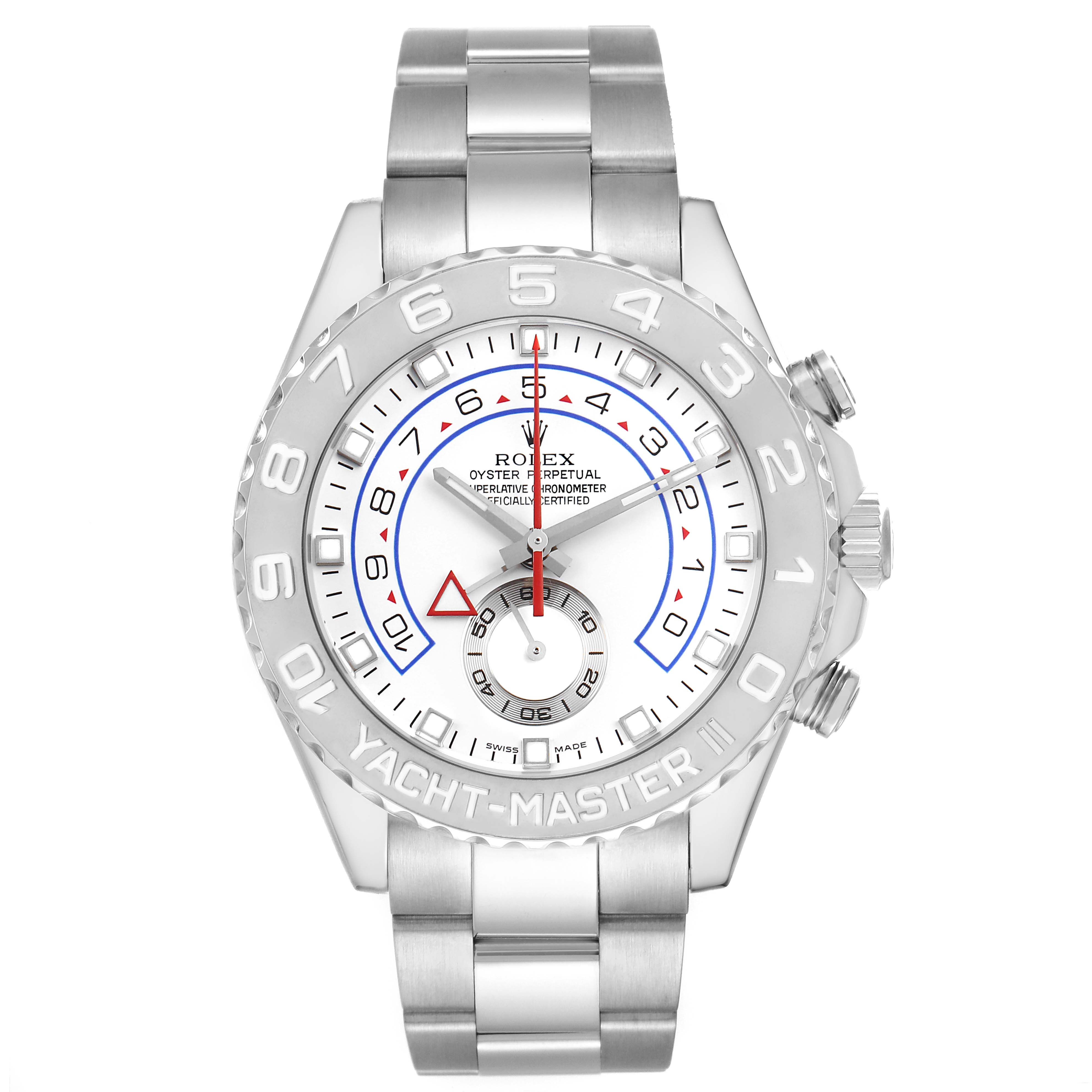 The Rolex Yacht-Master 116689 Men's White Gold White Dial watch is shown from a front angle, displaying the full face, bezel, and bracelet.