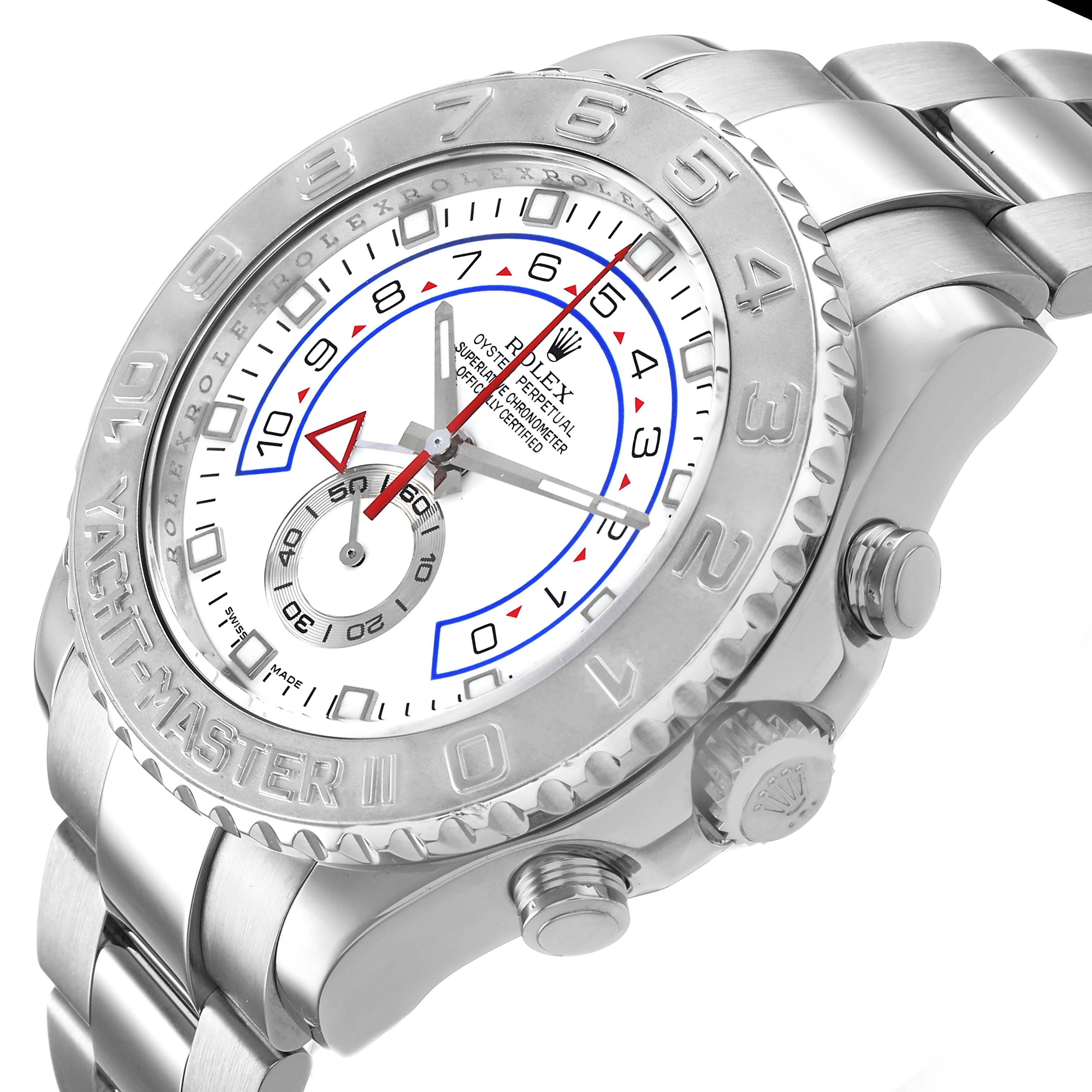 The Rolex Yacht-Master 116689 Men's White Gold White Dial watch is shown from a three-quarter angle, displaying its bezel, face, crown, and bracelet links.