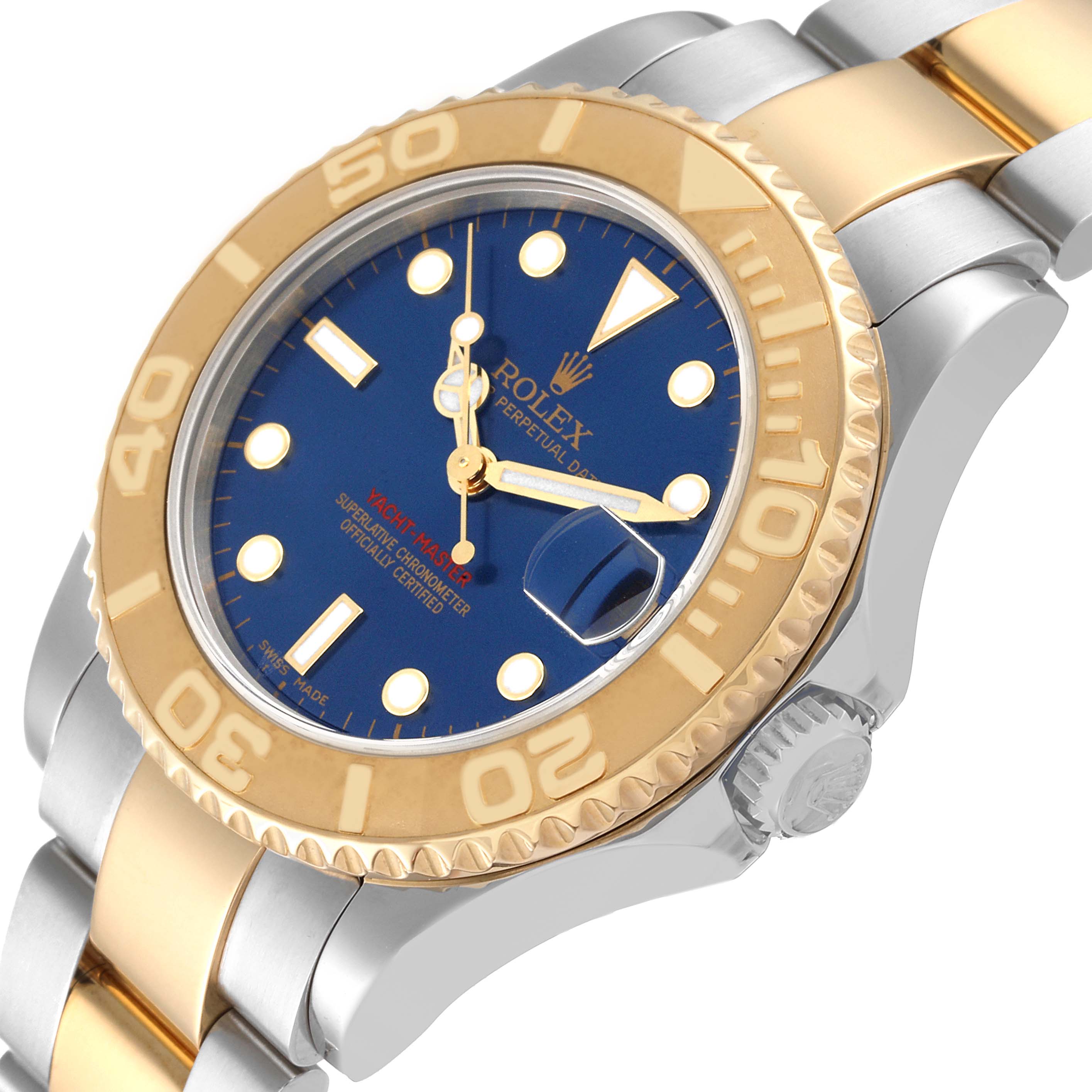 This image displays a close-up, side angle view of a Rolex Yacht-Master 168623 Men's Steel and Gold (two tone) Blue Dial 168623 Men's Steel and Gold (two tone) Blue Dial watch, highlighting the dial, bezel, and bracelet.