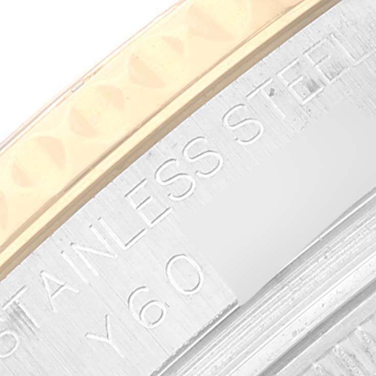 This close-up image shows the engraved stainless steel part of the Rolex Yacht-Master 168623 Men's Steel and Gold (two tone) Blue Dial 168623 Men's Steel and Gold (two tone) Blue Dial watch bezel.