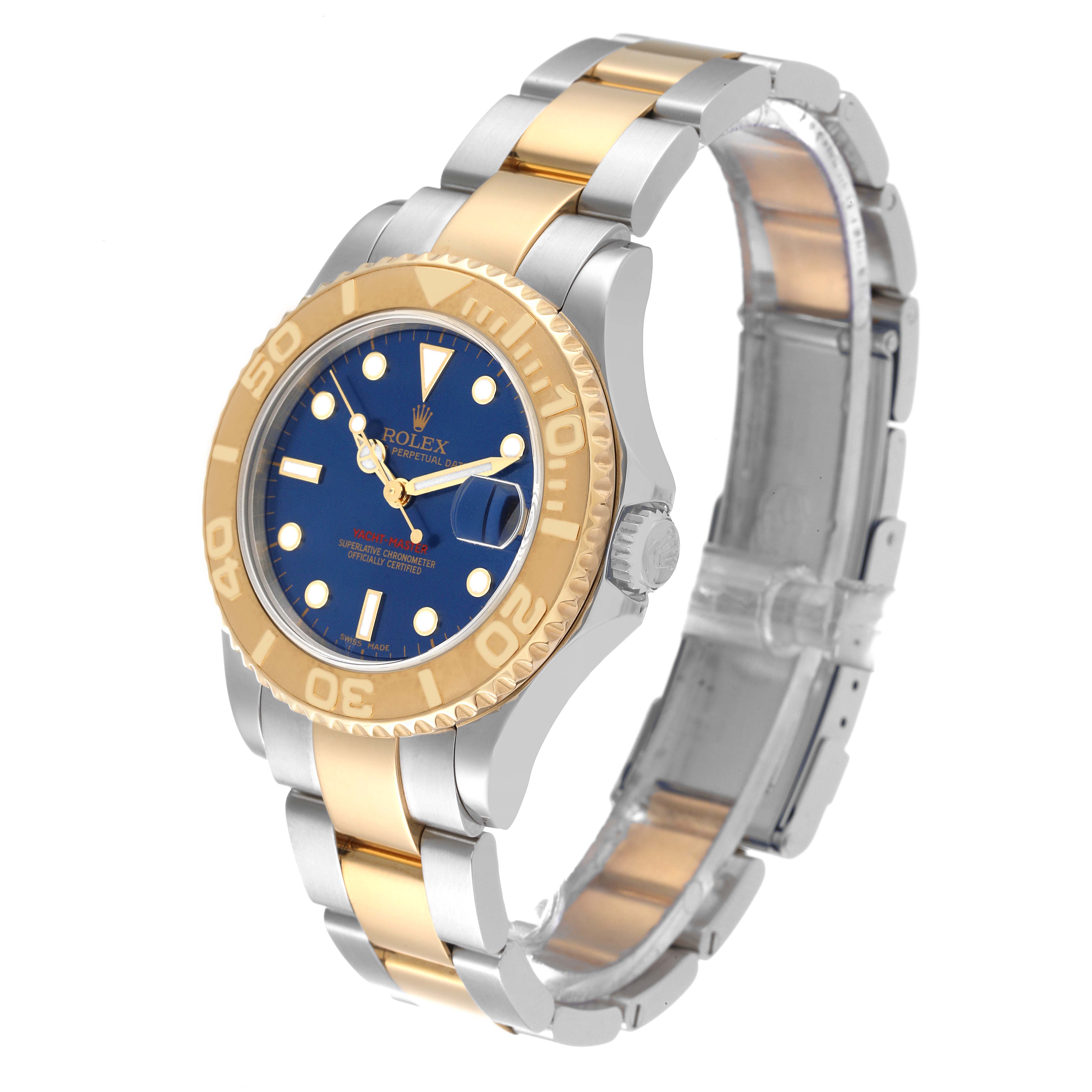 This image shows a Rolex Yacht-Master 168623 Men's Steel and Gold (two tone) Blue Dial 168623 Men's Steel and Gold (two tone) Blue Dial watch at an angled view highlighting its blue dial, gold bezel, and two-tone bracelet.
