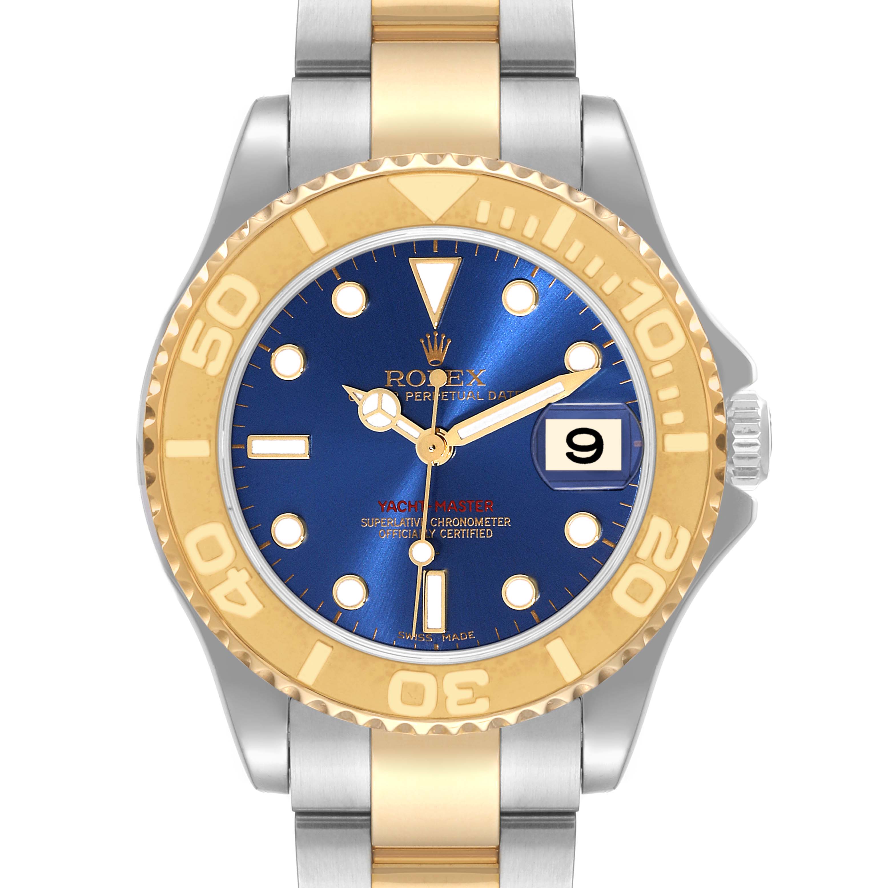 This image shows a frontal view of the Rolex Yacht-Master 168623 Men's Steel and Gold (two tone) Blue Dial 168623 Men's Steel and Gold (two tone) Blue Dial watch, displaying its dial, bezel, and bracelet.