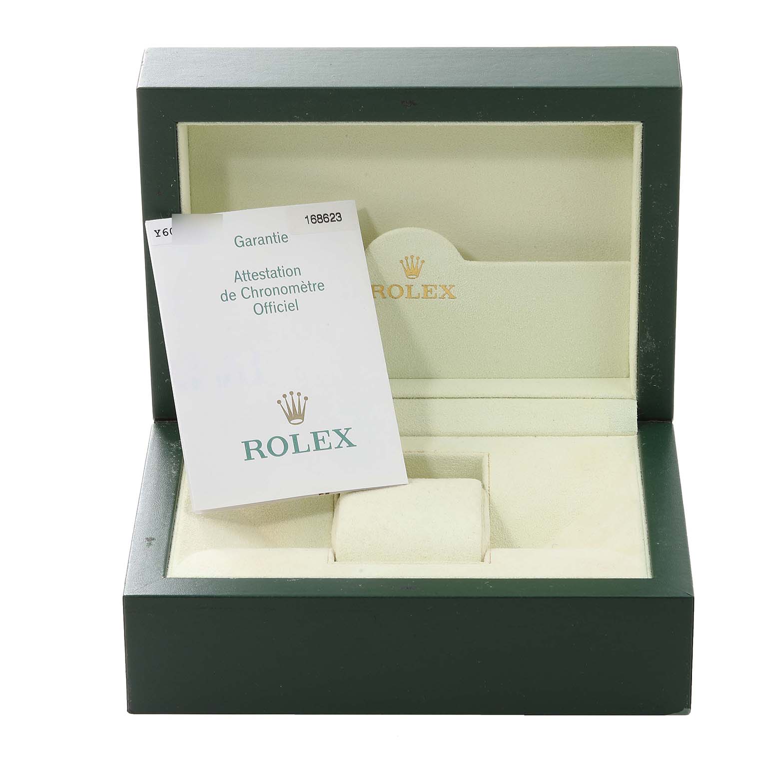 The image shows an open Rolex Yacht-Master 168623 Men's Steel and Gold (two tone) Blue Dial 168623 Men's Steel and Gold (two tone) Blue Dial watch box with a warranty card and a cushion for the watch.