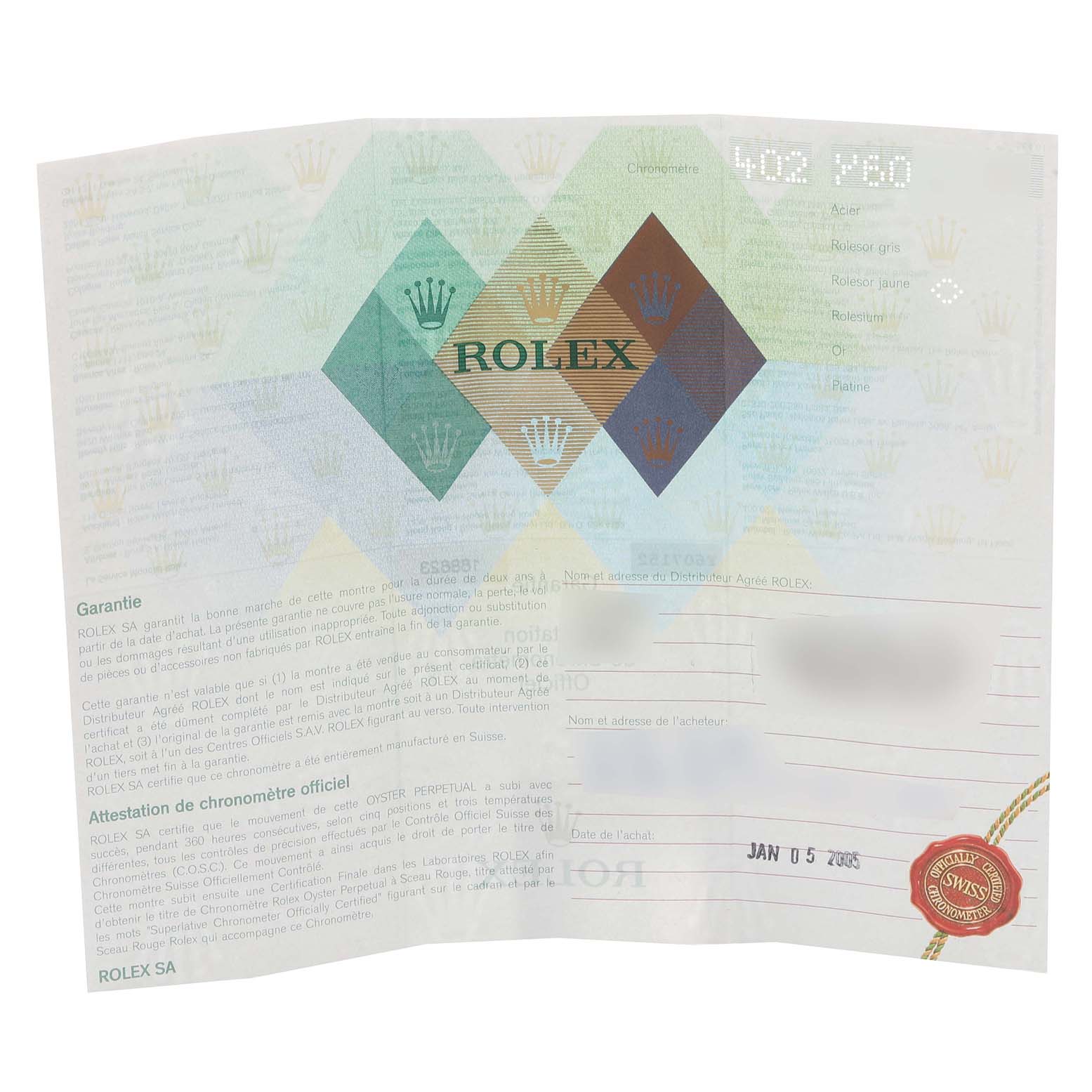 The image shows the warranty certificate for the Rolex Yacht-Master 168623 Men's Steel and Gold (two tone) Blue Dial 168623 Men's Steel and Gold (two tone) Blue Dial model.