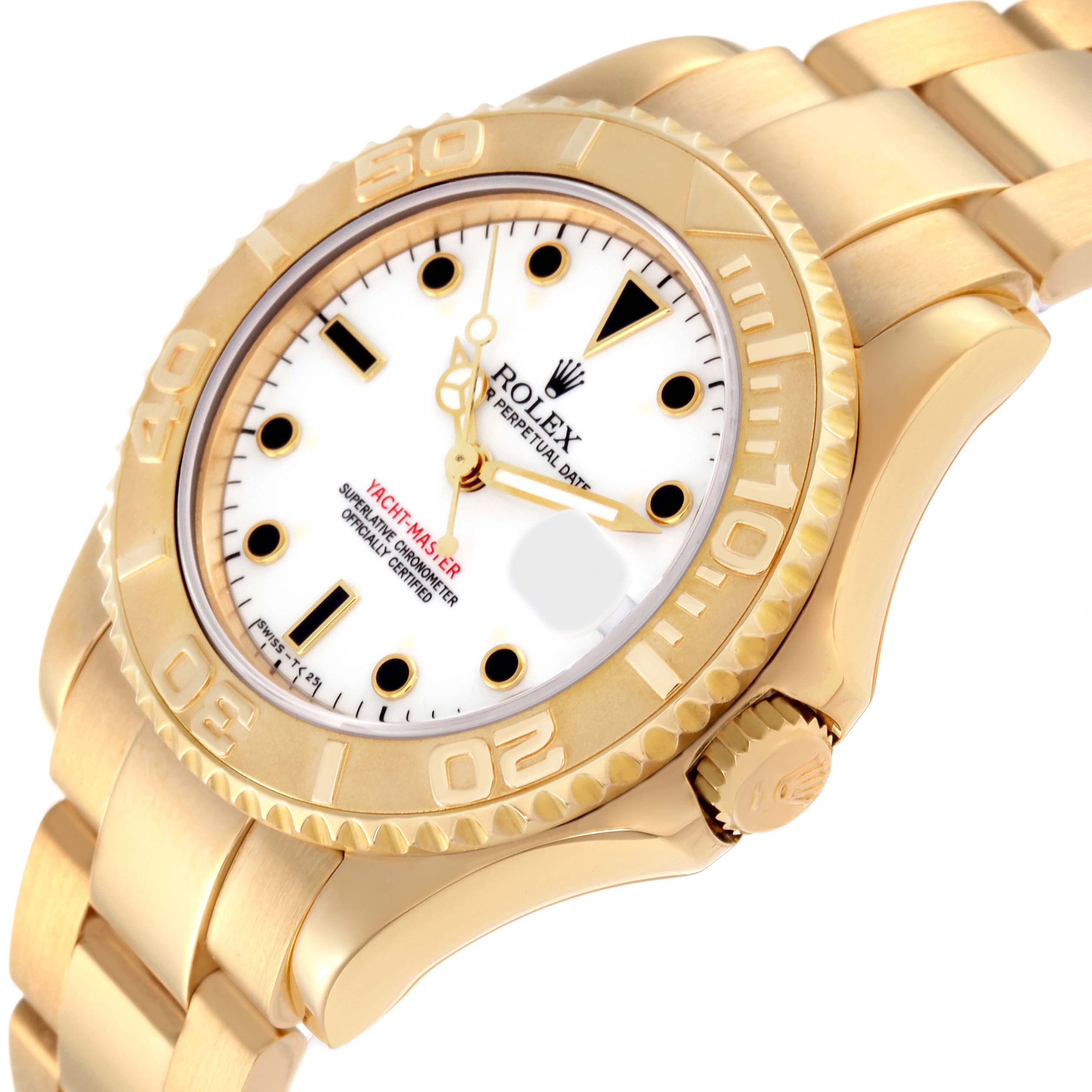 The Rolex Yacht-Master 68628 Men's Yellow Gold White Dial 68628 Men's Yellow Gold White Dial watch is shown at a slightly tilted angle, highlighting the face, bezel, and part of the bracelet.