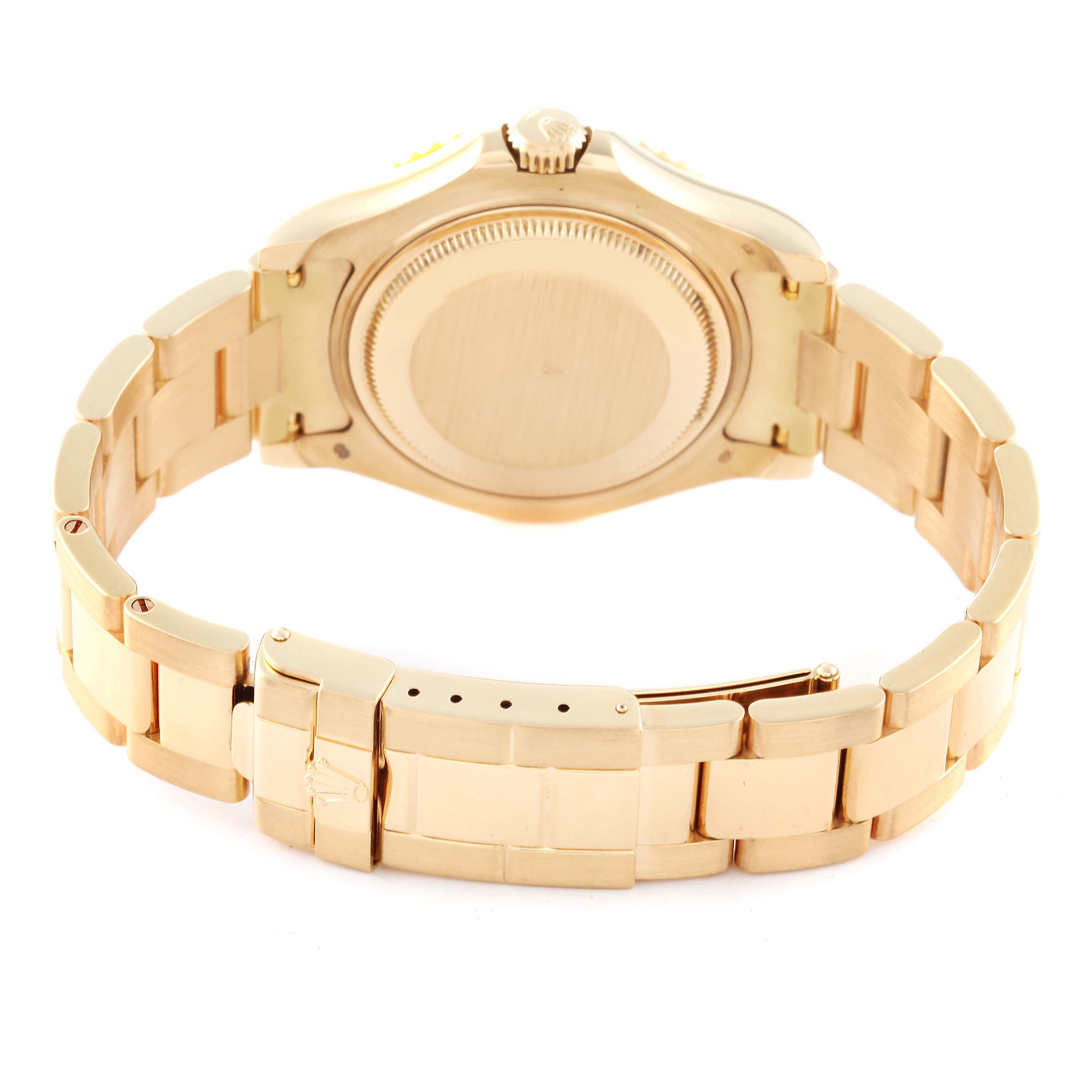 This image shows the back view of a Rolex Yacht-Master 68628 Men's Yellow Gold White Dial 68628 Men's Yellow Gold White Dial watch, highlighting the bracelet and clasp.