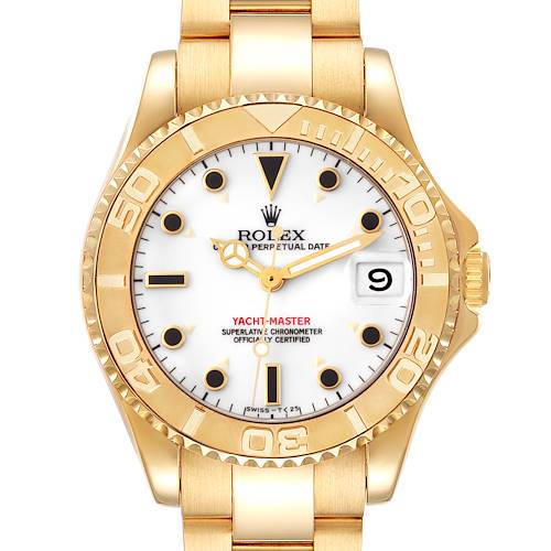 Photo of Rolex Yachtmaster Midsize Yellow Gold White Dial Mens Watch 68628 Box Papers
