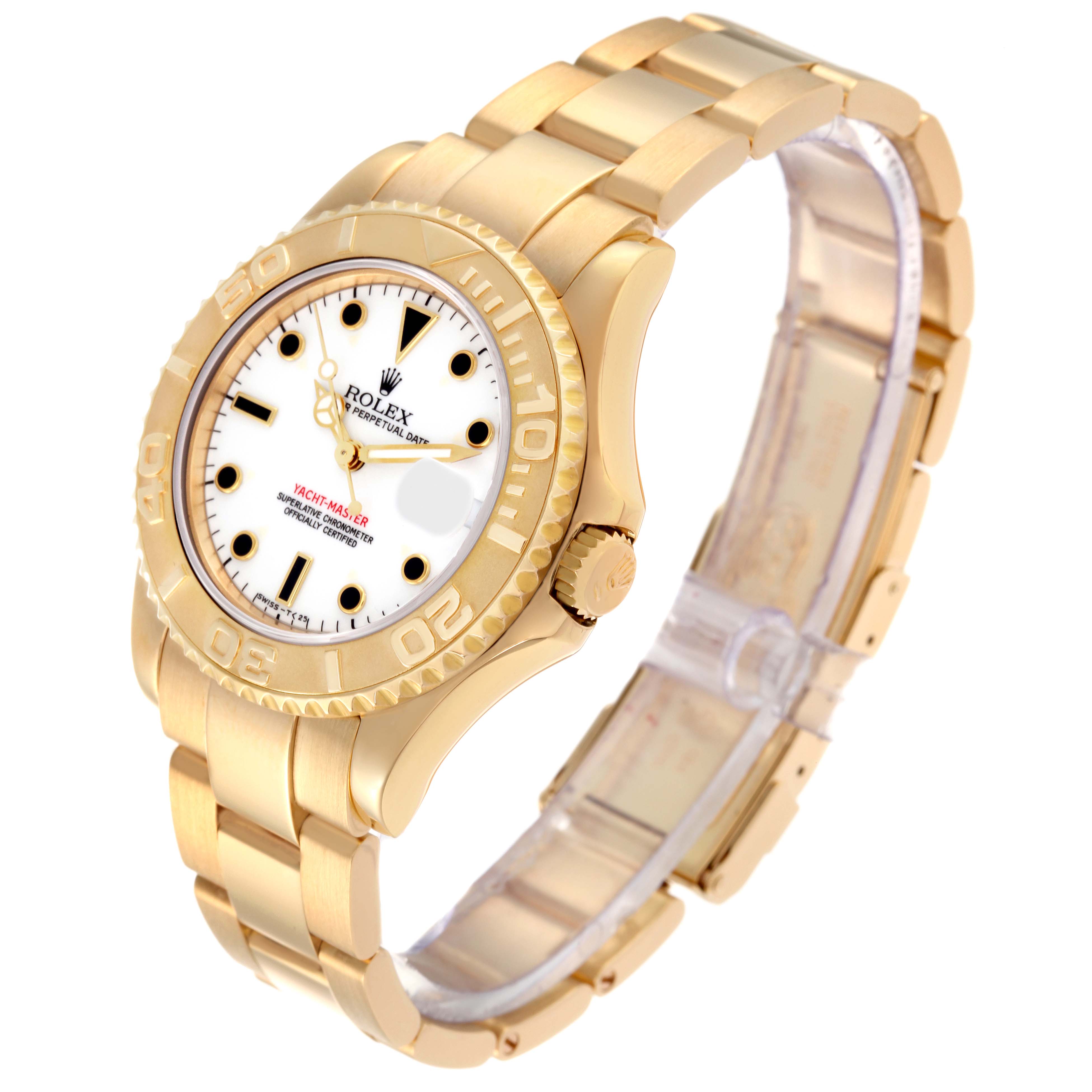 The Rolex Yacht-Master 68628 Men's Yellow Gold White Dial 68628 Men's Yellow Gold White Dial watch is shown at a slightly tilted side angle, highlighting its gold bracelet, bezel, and dial.