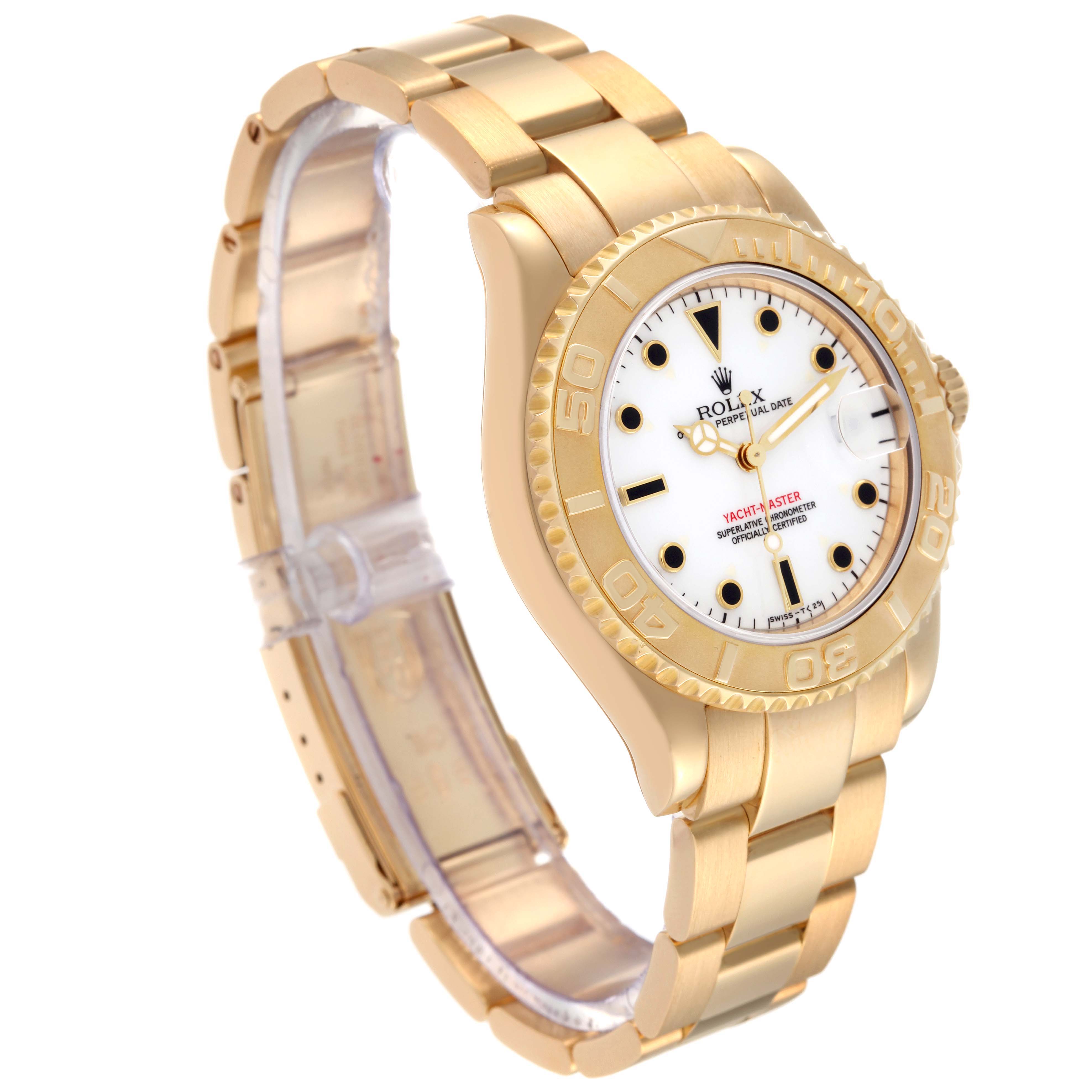 The image shows a side view of a Rolex Yacht-Master 68628 Men's Yellow Gold White Dial 68628 Men's Yellow Gold White Dial watch, highlighting its gold bracelet, bezel, and white dial.
