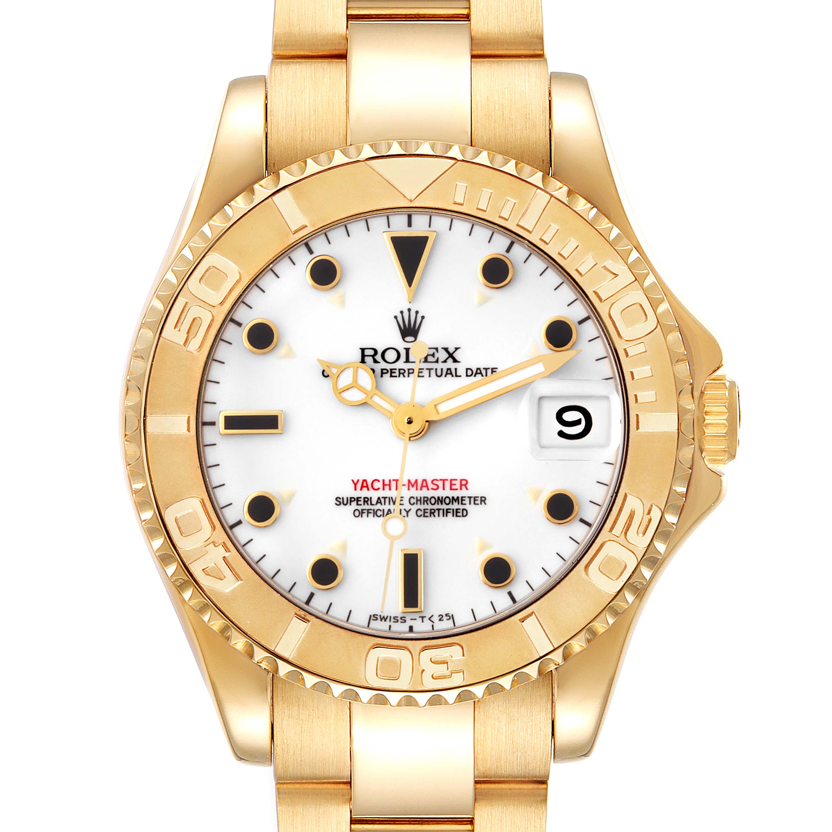 This image shows the front view of a Rolex Yacht-Master 68628 Men's Yellow Gold White Dial 68628 Men's Yellow Gold White Dial watch, highlighting the bezel, dial, and bracelet.