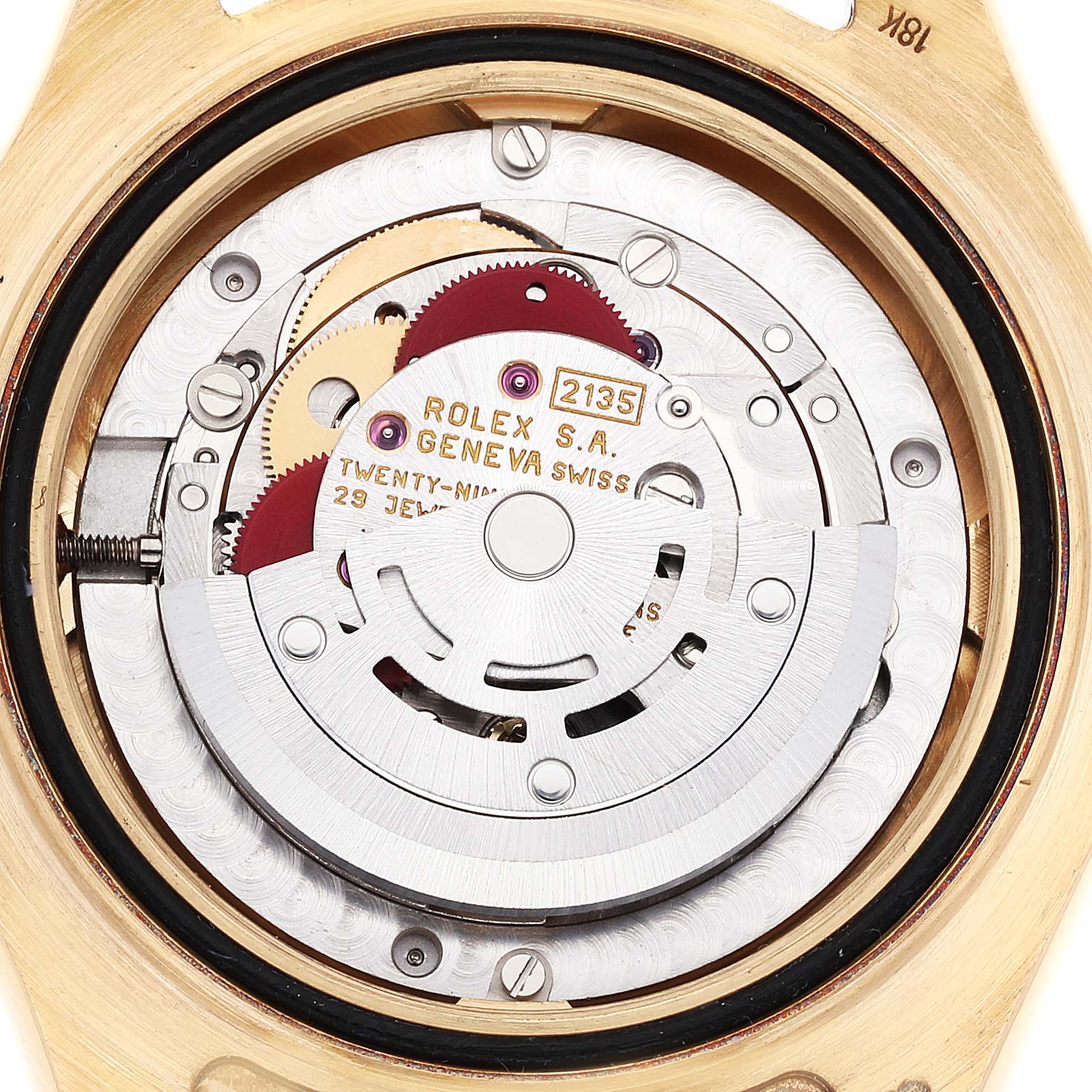 This image shows a close-up view of the movement mechanism inside a Rolex Yacht-Master 68628 Men's Yellow Gold White Dial 68628 Men's Yellow Gold White Dial watch.