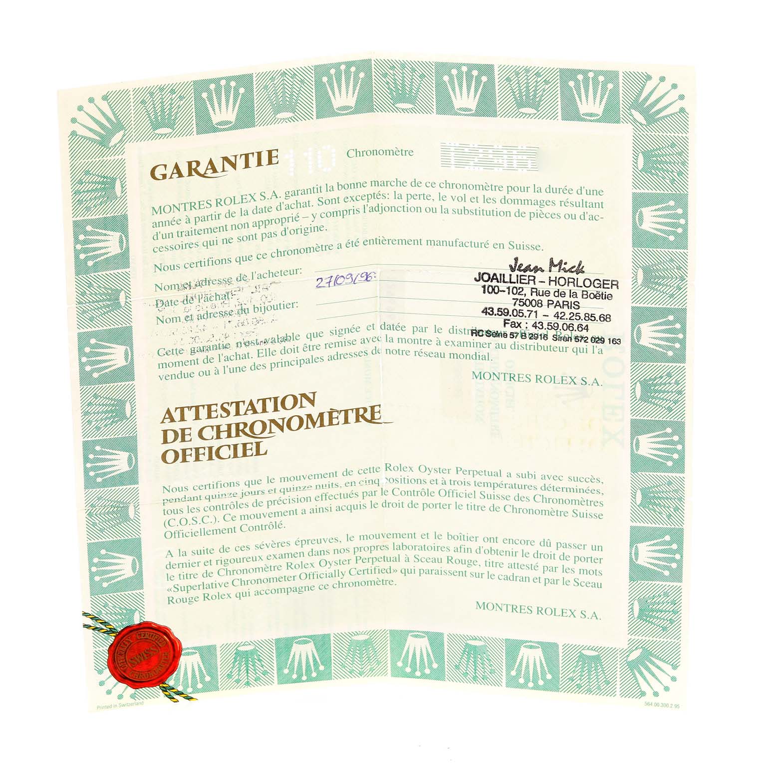 This image shows the warranty certificate and chronometer certification for a Rolex Yacht-Master 68628 Men's Yellow Gold White Dial 68628 Men's Yellow Gold White Dial watch.