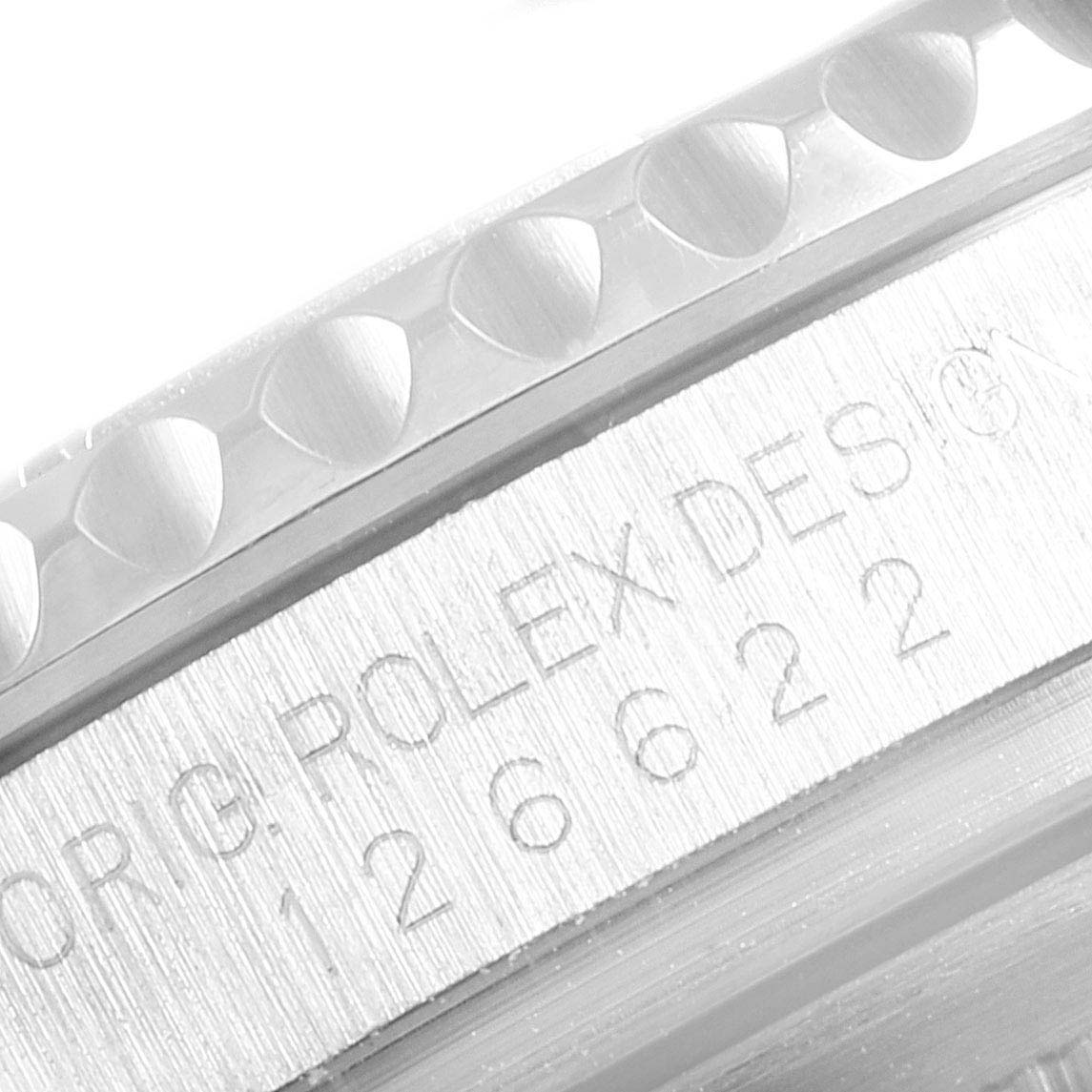 This image shows a close-up of the bezel and the engraved serial number on the side of a Rolex Yacht-Master 126622 Men
s Stainless Steel Blue Dial 126622 Men
s Stainless Steel Blue Dial watch.