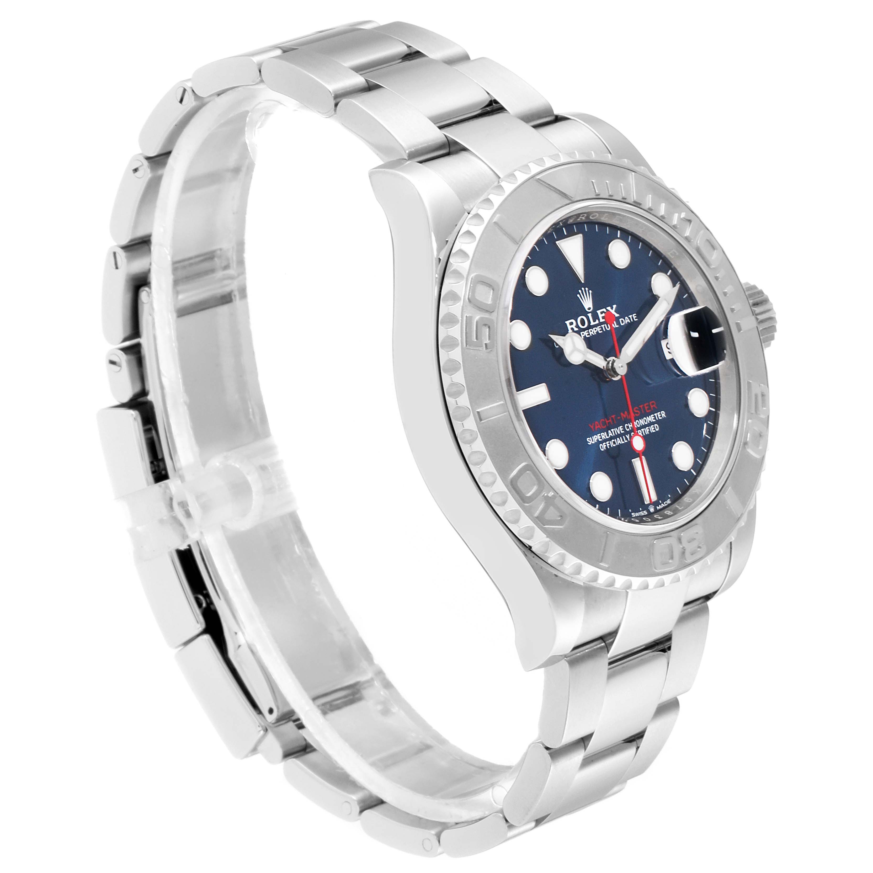 This Rolex Yacht-Master 126622 Men
s Stainless Steel Blue Dial 126622 Men
s Stainless Steel Blue Dial watch is shown at a slight side angle, highlighting its bracelet, bezel, and dial.