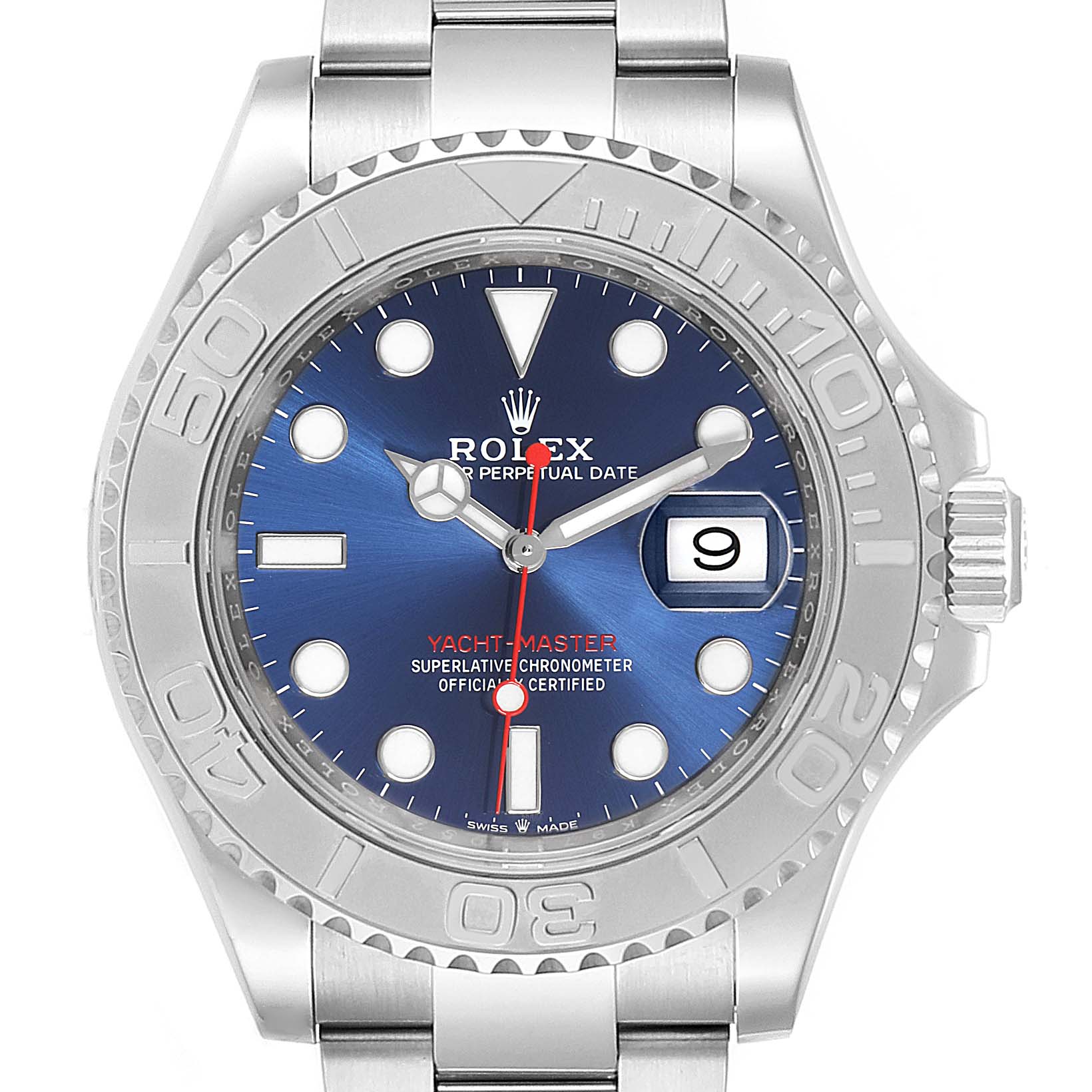 The image shows a frontal view of a Rolex Yacht-Master 126622 Men
s Stainless Steel Blue Dial 126622 Men
s Stainless Steel Blue Dial watch displaying the dial, bezel, and bracelet.