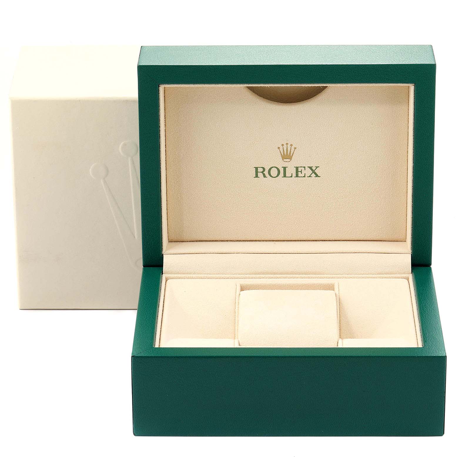 The image shows the open box for a Rolex Yacht-Master 126622 Men
s Stainless Steel Blue Dial 126622 Men
s Stainless Steel Blue Dial watch, revealing the cushioned interior and the Rolex logo.