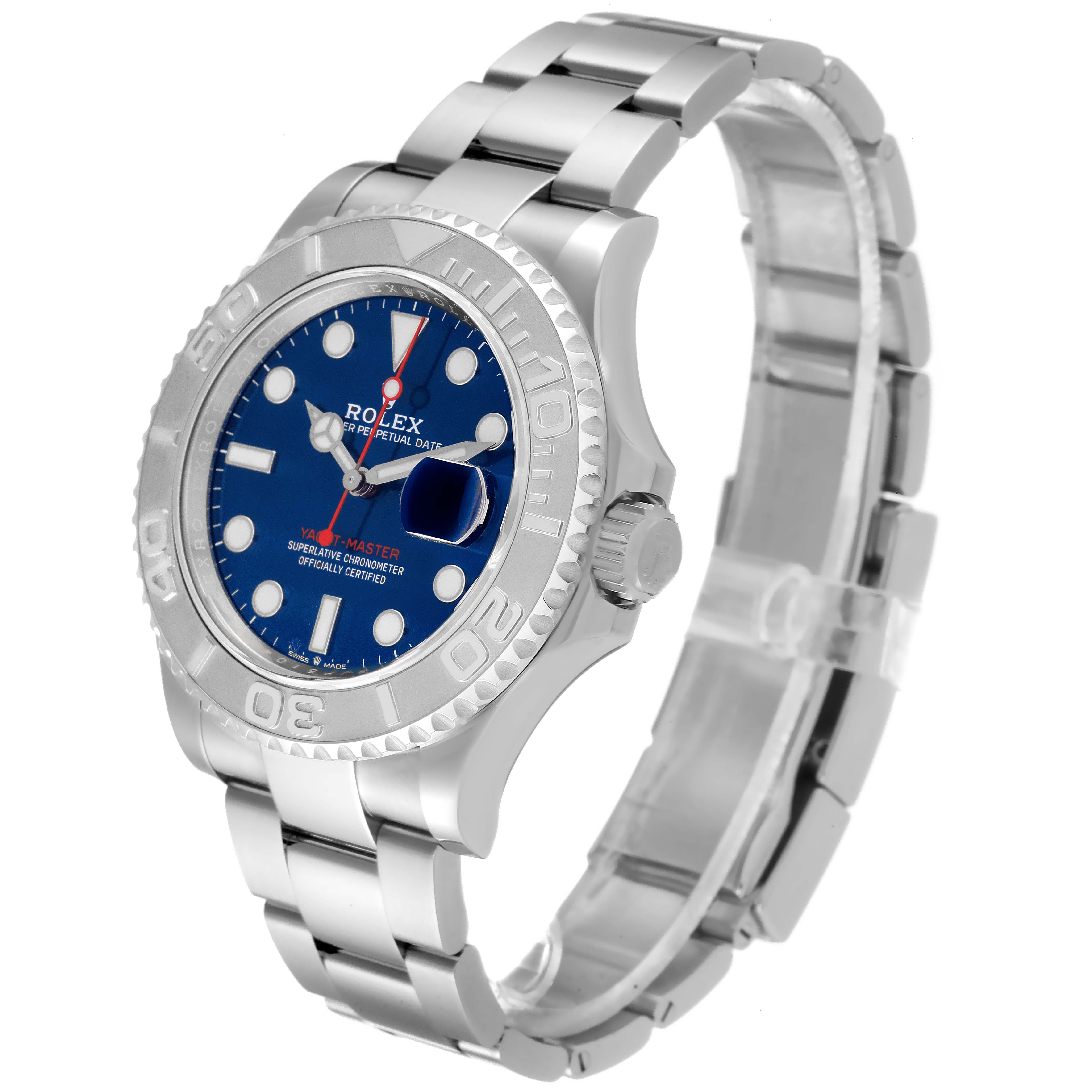 The image shows a Rolex Yacht-Master 126622 Men's Stainless Steel Blue Dial 126622 Men's Stainless Steel Blue Dial watch at a 3/4 angle displaying its face, bezel, crown, and bracelet.
