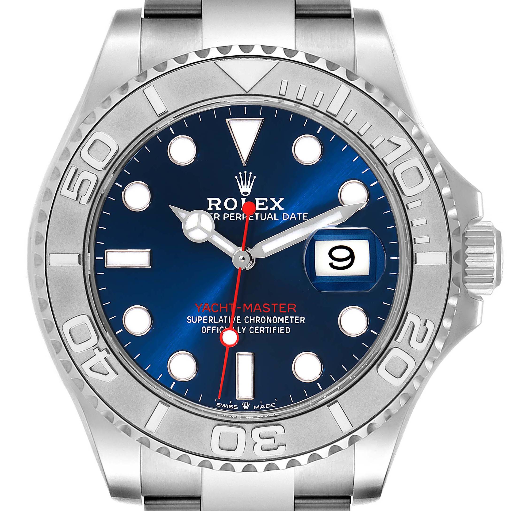 The image shows a frontal view of the Rolex Yacht-Master 126622 Men's Stainless Steel Blue Dial 126622 Men's Stainless Steel Blue Dial watch, highlighting its dial, bezel, and bracelet.