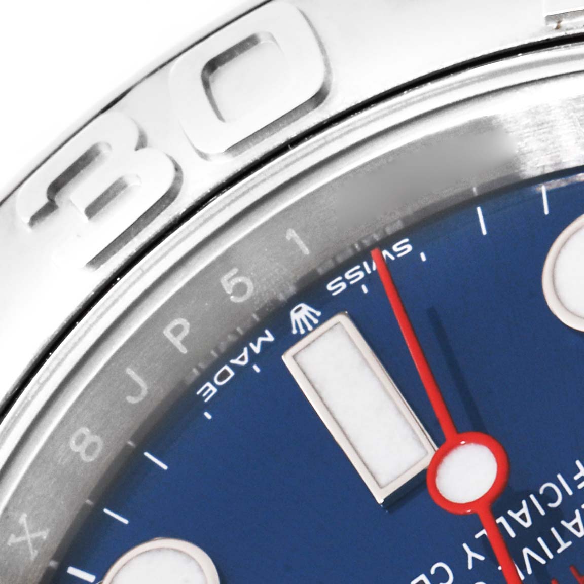 Close-up of a Rolex Yacht-Master 126622 Men's Stainless Steel Blue Dial 126622 Men's Stainless Steel Blue Dial watch showing part of the bezel, dial, and second hand from an oblique angle.