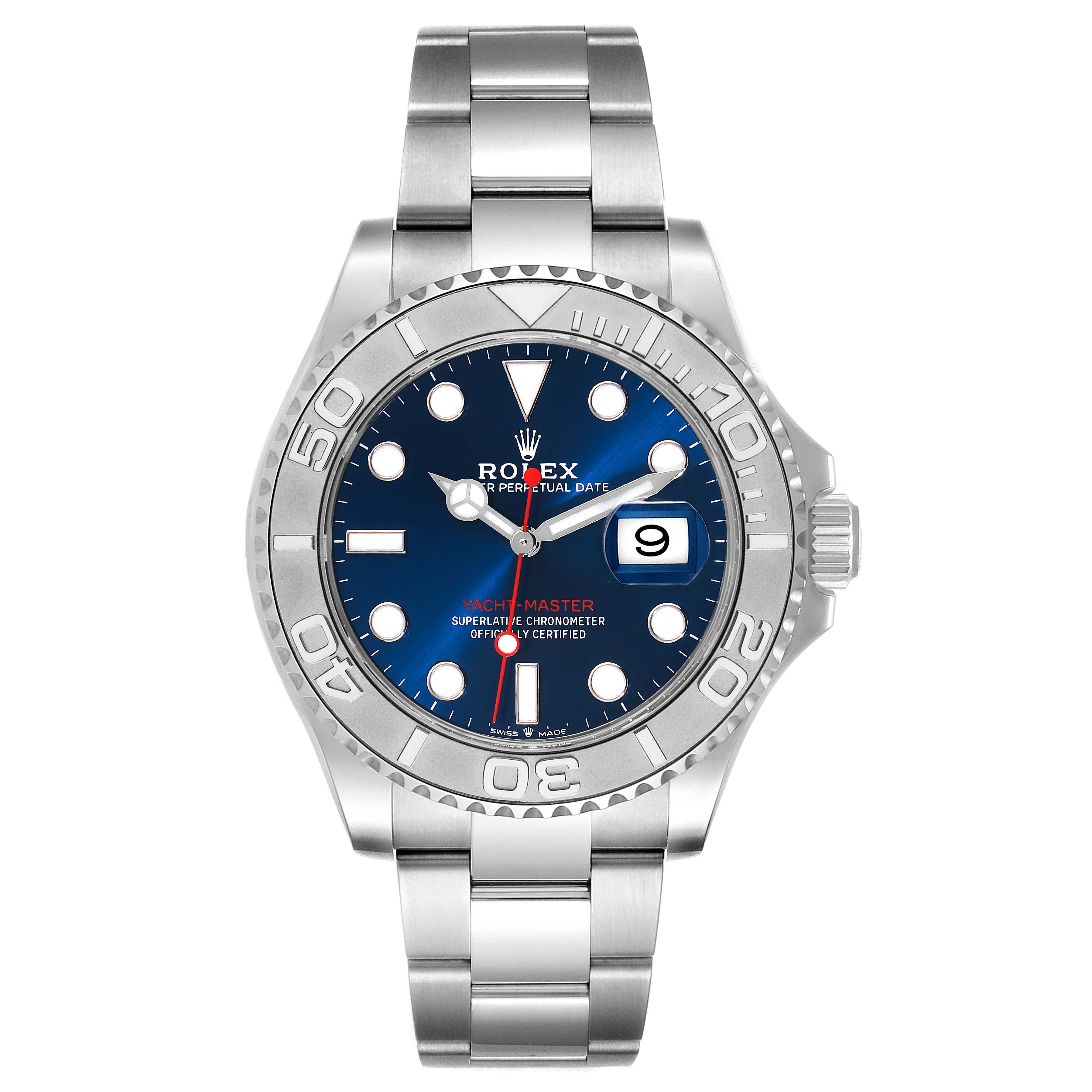 This image shows a front view of the Rolex Yacht-Master 126622 Men's Stainless Steel Blue Dial 126622 Men's Stainless Steel Blue Dial watch, showcasing its face, bezel, case, and bracelet.