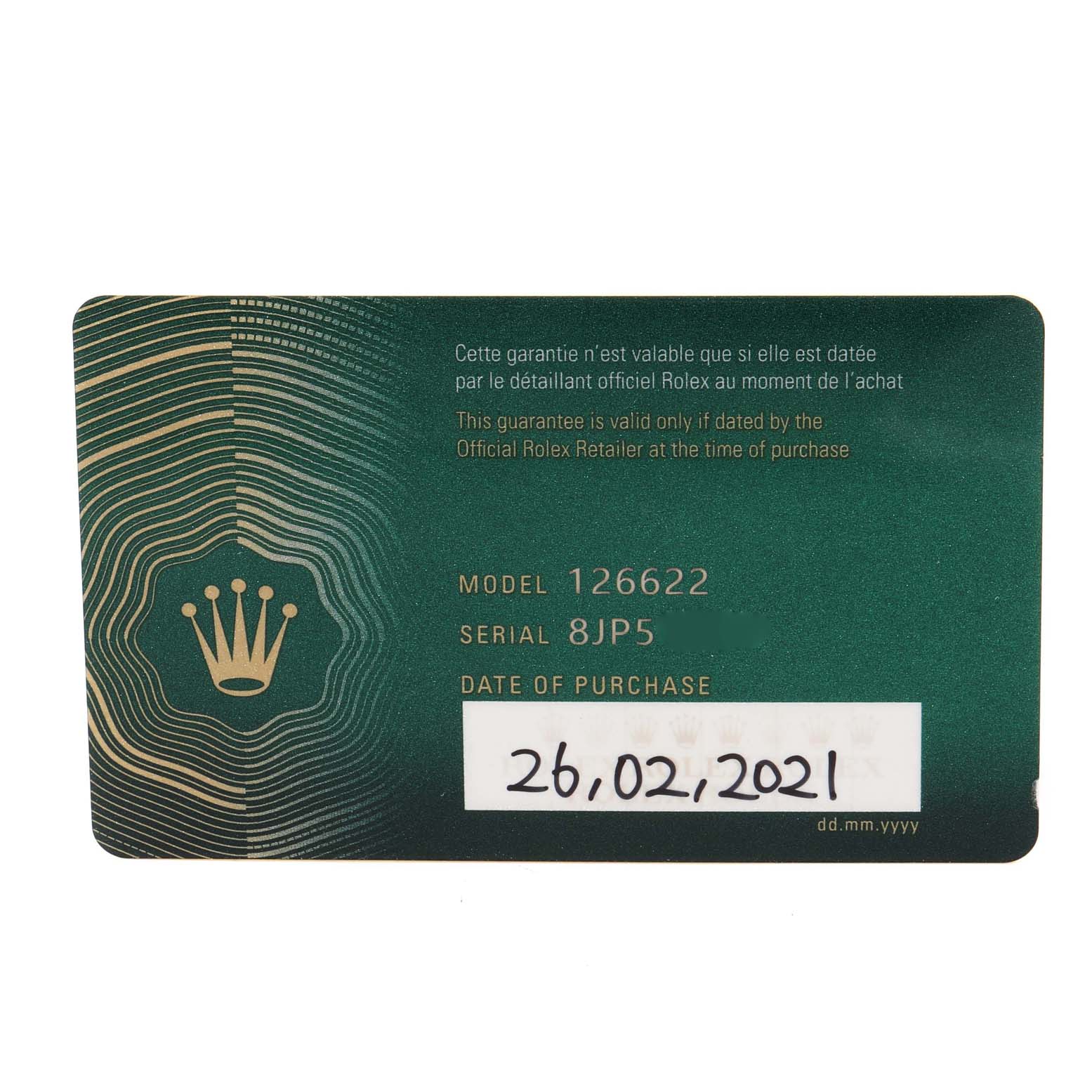 This image shows a warranty card for the Rolex Yacht-Master 126622 Men's Stainless Steel Blue Dial 126622 Men's Stainless Steel Blue Dial model 126622, displaying the model number, serial number, and date of purchase.