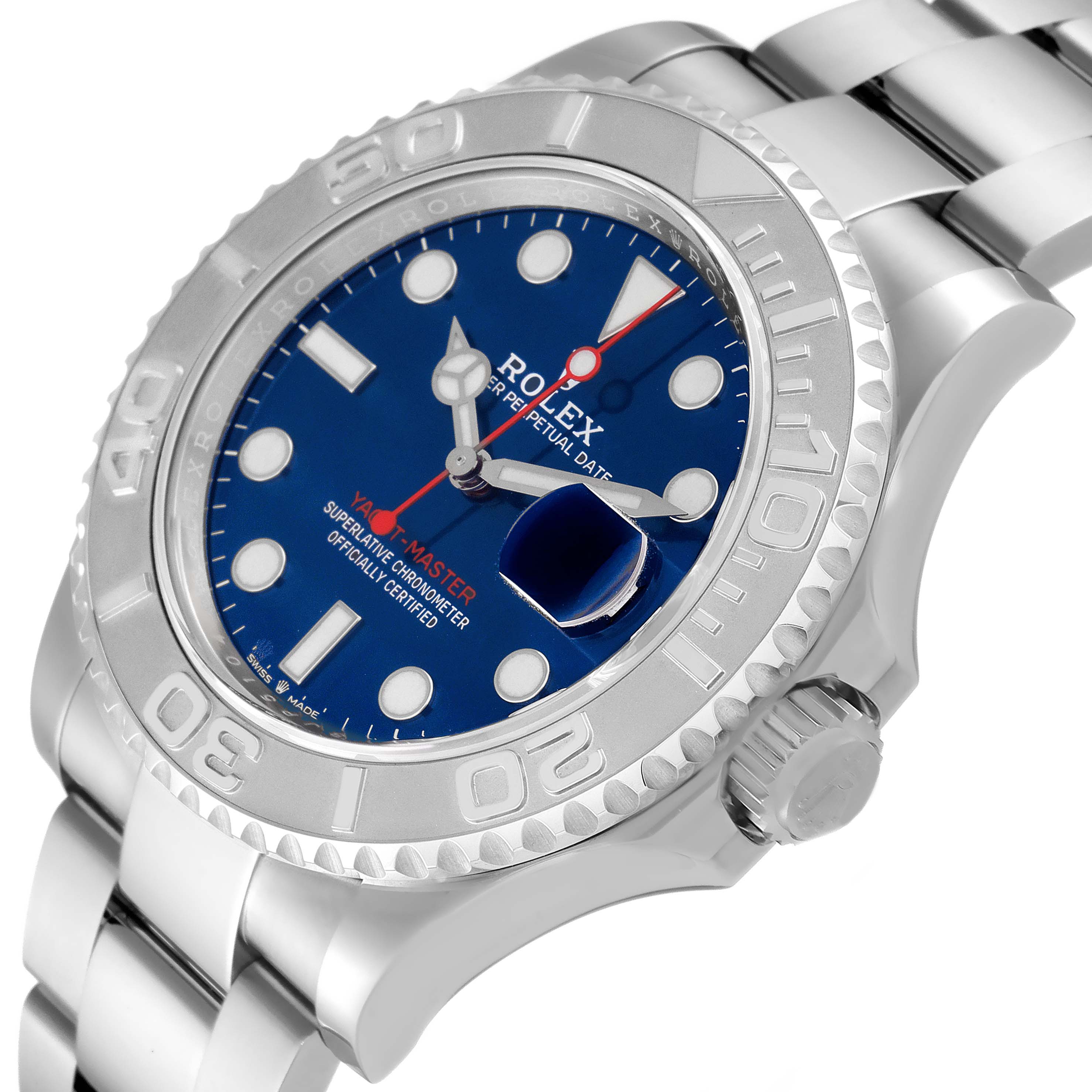 The image shows a close-up angle of the Rolex Yacht-Master 126622 Men's Stainless Steel Blue Dial 126622 Men's Stainless Steel Blue Dial watch, highlighting the bezel, dial, crown, and part of the bracelet.