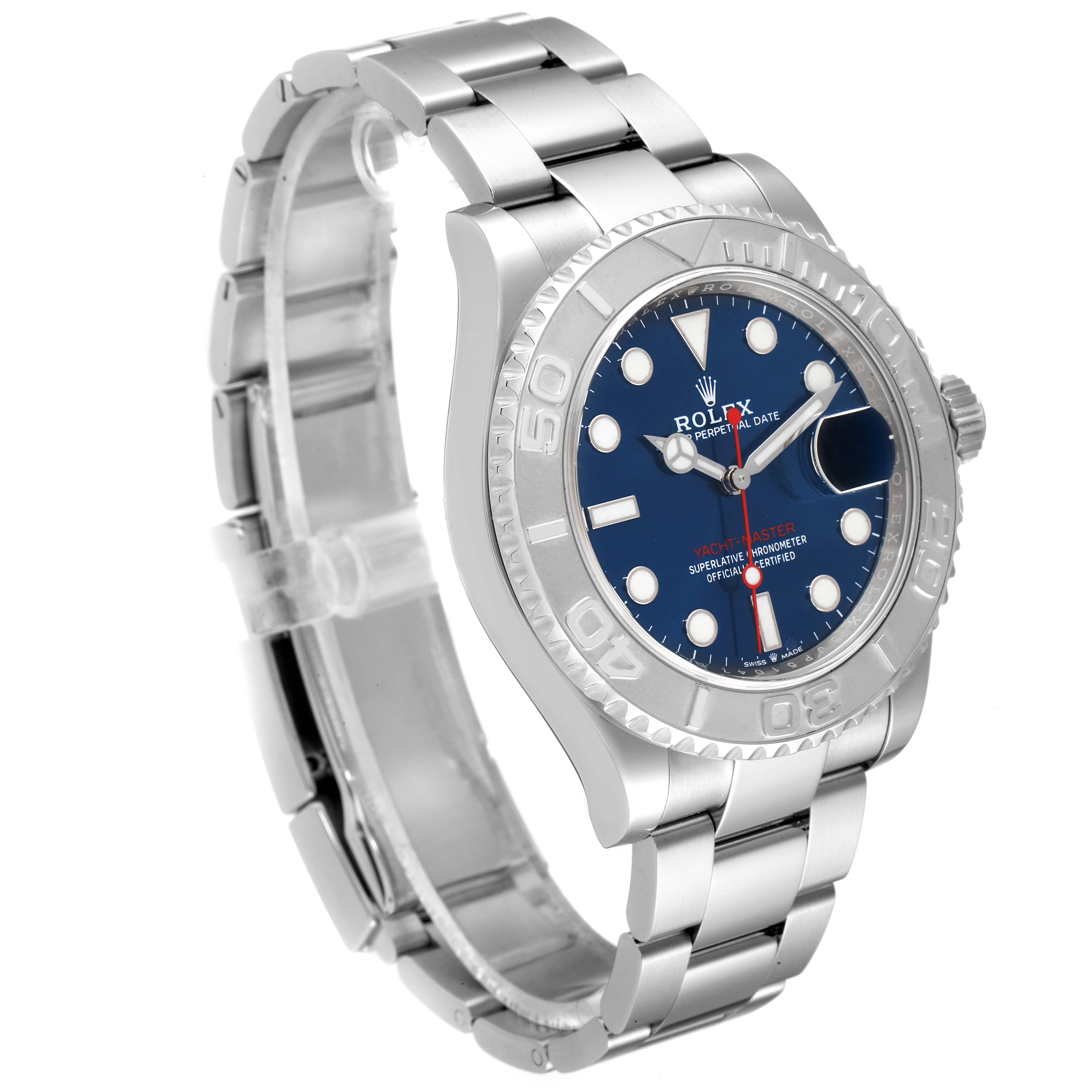 The image shows a Rolex Yacht-Master 126622 Men's Stainless Steel Blue Dial 126622 Men's Stainless Steel Blue Dial watch at a 3/4 angle, highlighting its blue dial, bezel, and metal bracelet.