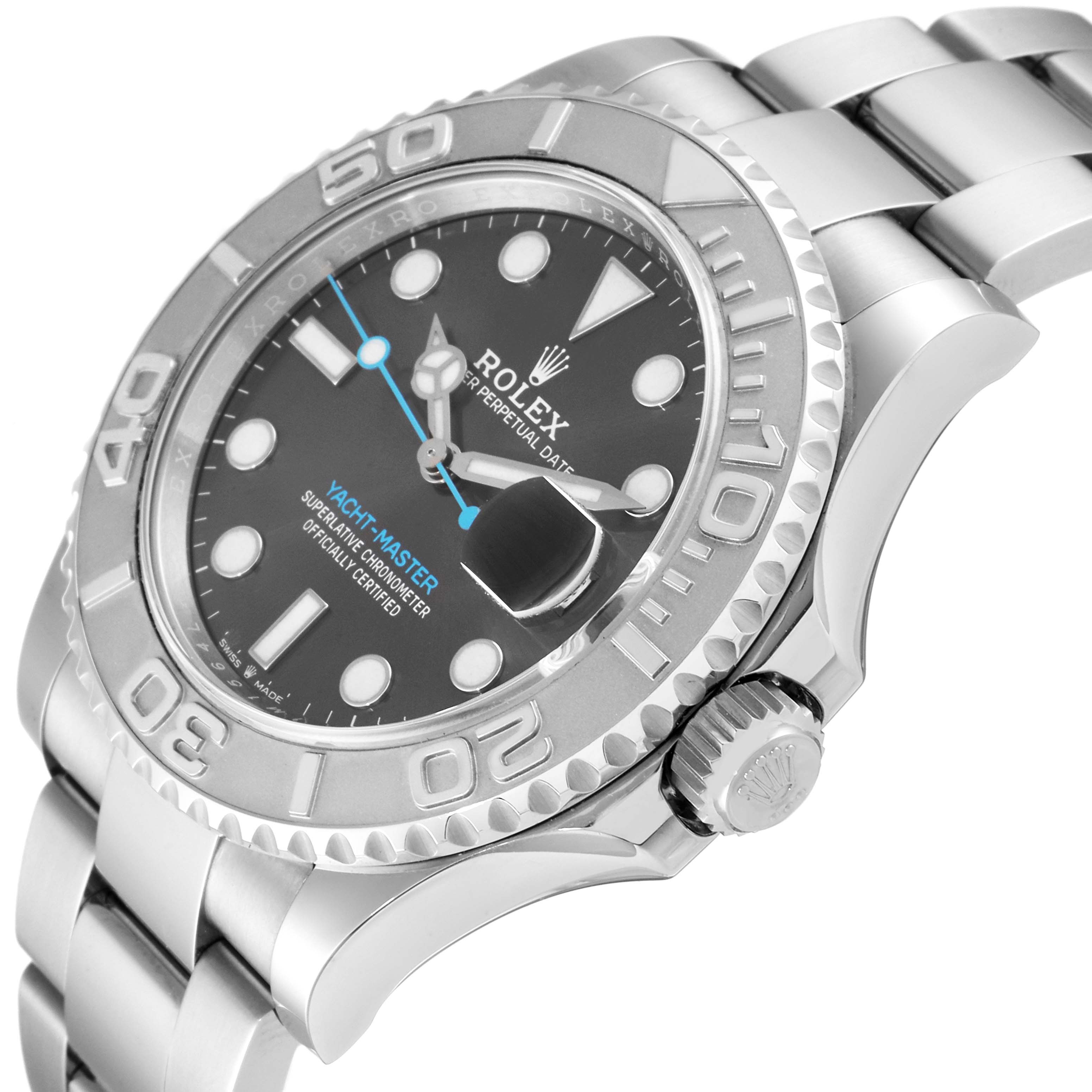 This image shows a side and angled view of a Rolex Yacht-Master 126622 Men's Stainless Steel Grey Dial 126622 Men's Stainless Steel Grey Dial watch, displaying the bezel, crown, and part of the bracelet.