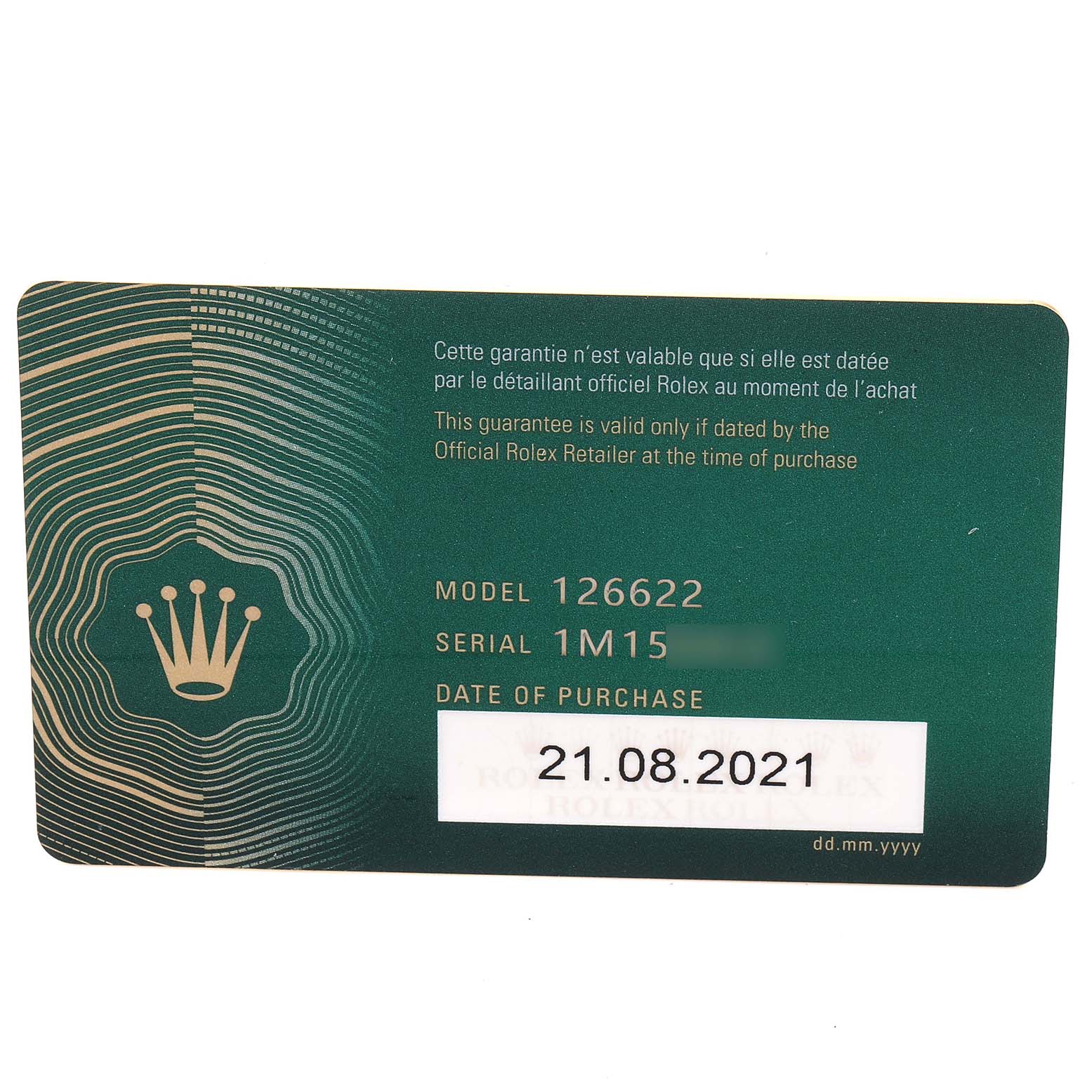 This image shows the official guarantee card for the Rolex Yacht-Master 126622 Men's Stainless Steel Grey Dial 126622 Men's Stainless Steel Grey Dial model 126622.