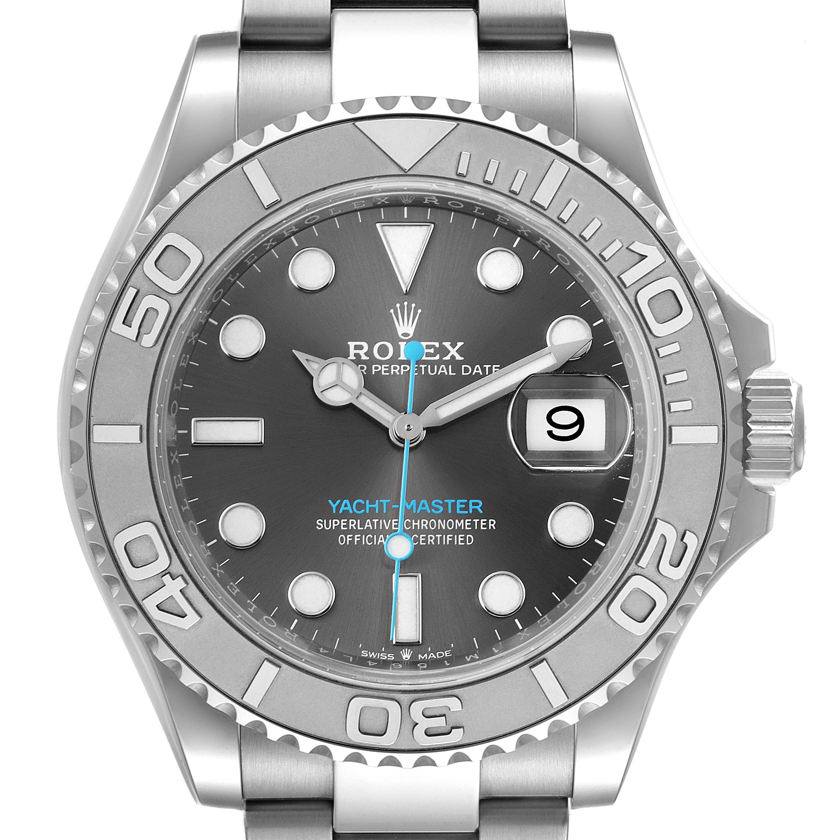 This image shows a front view of a Rolex Yacht-Master 126622 Men's Stainless Steel Grey Dial 126622 Men's Stainless Steel Grey Dial watch, highlighting the dial, bezel, and part of the bracelet.